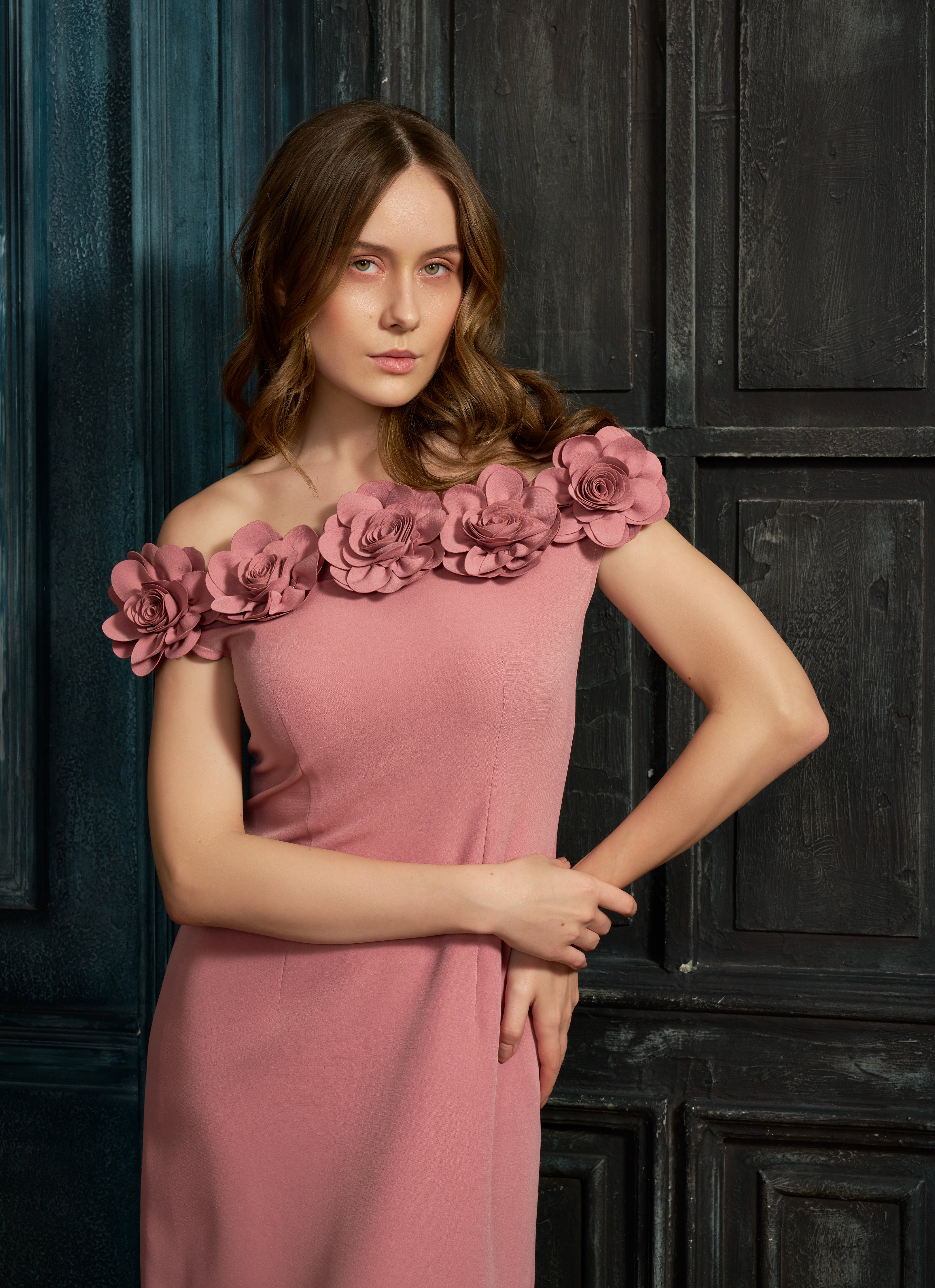Rosé Pink Off-Shoulder Midi Dress