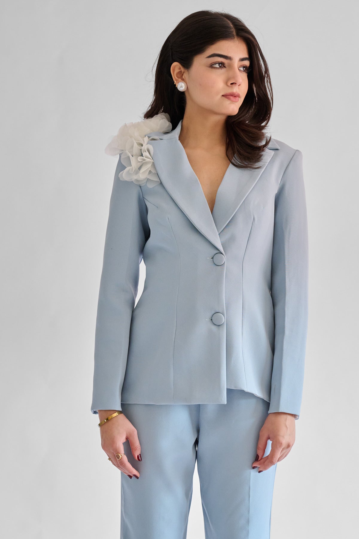 Ice Blue Structured Blazer Set With 3d Flowers