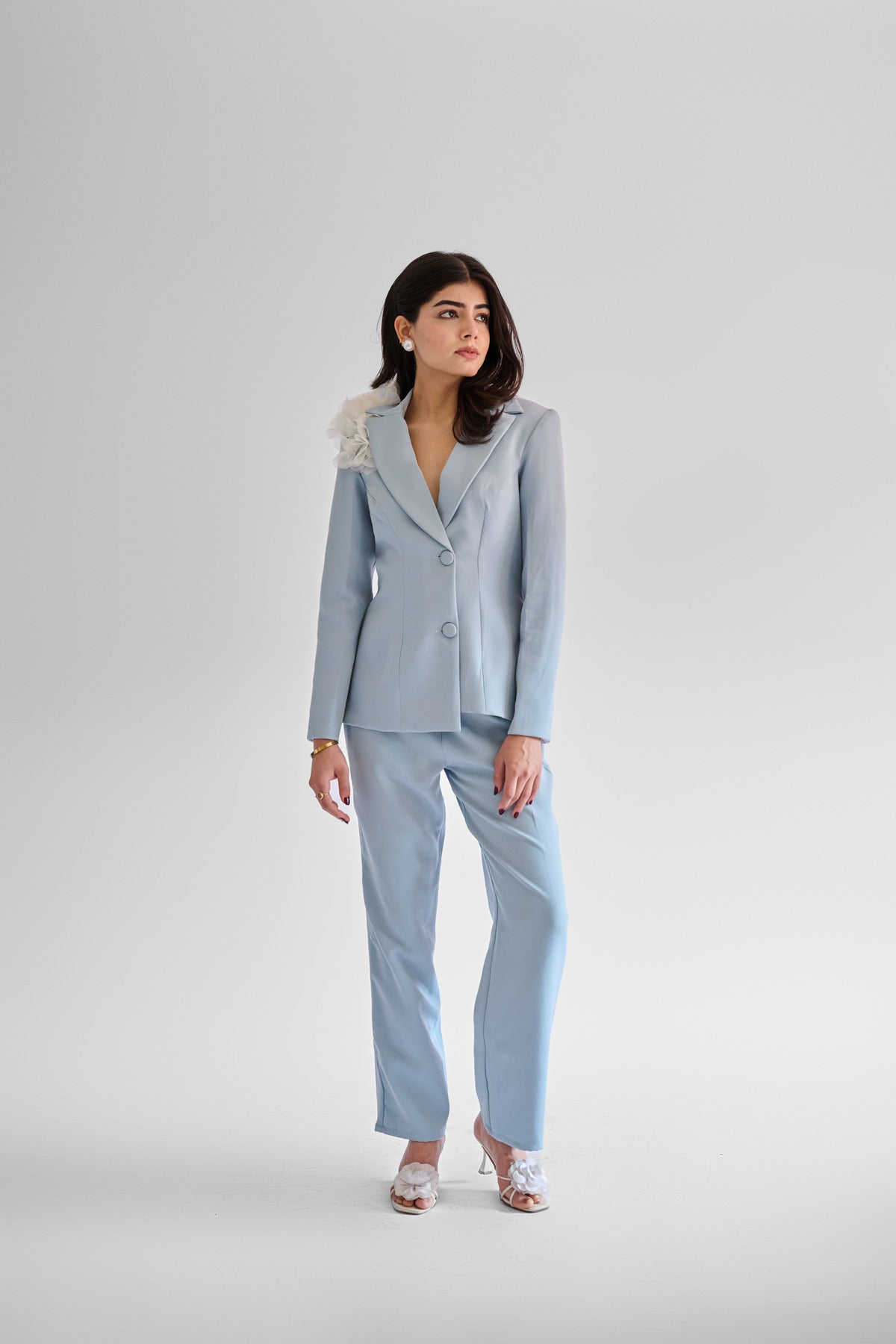 Ice Blue Structured Blazer Set With 3d Flowers