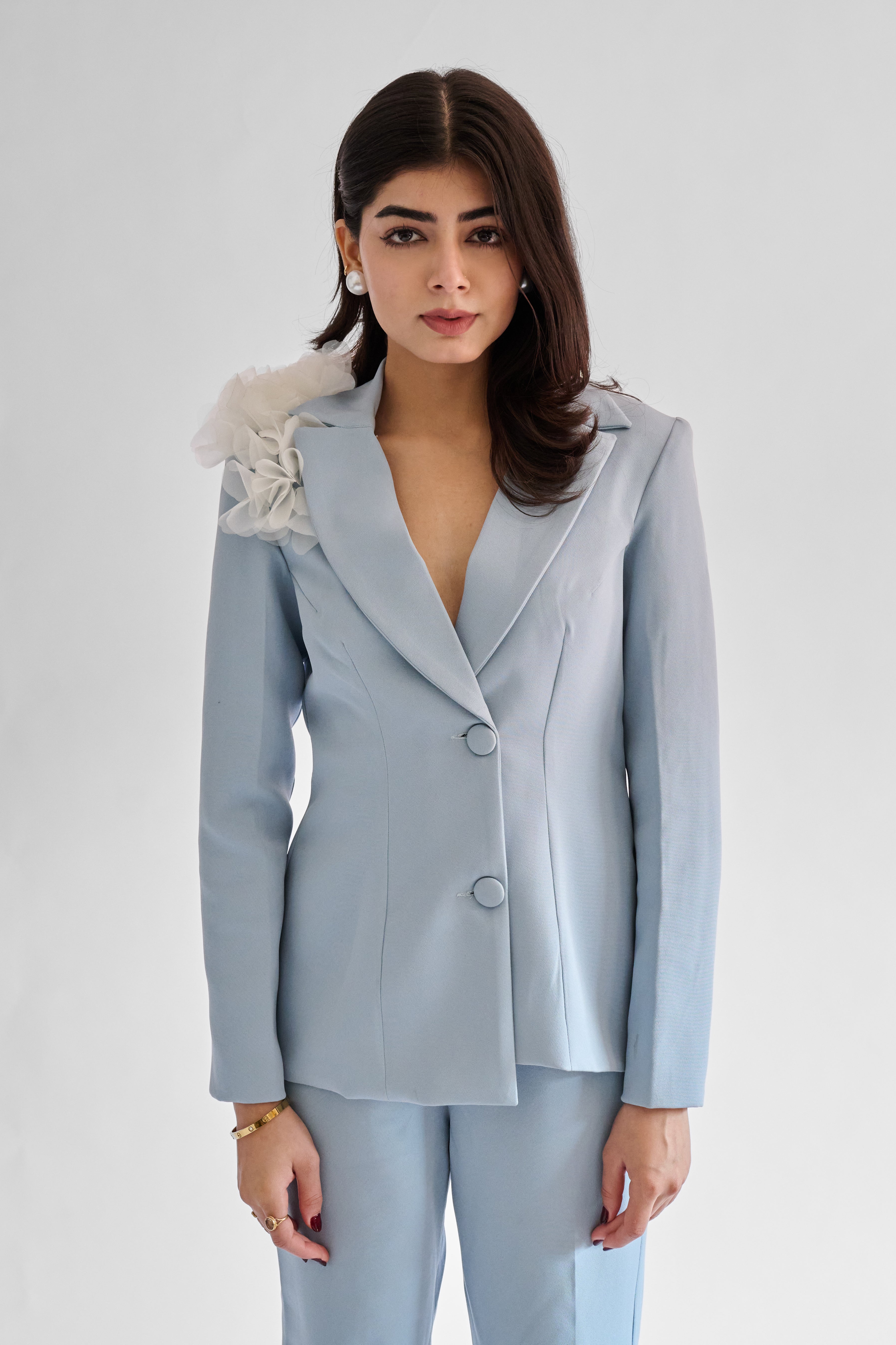 Ice Blue Structured Blazer Set With 3d Flowers