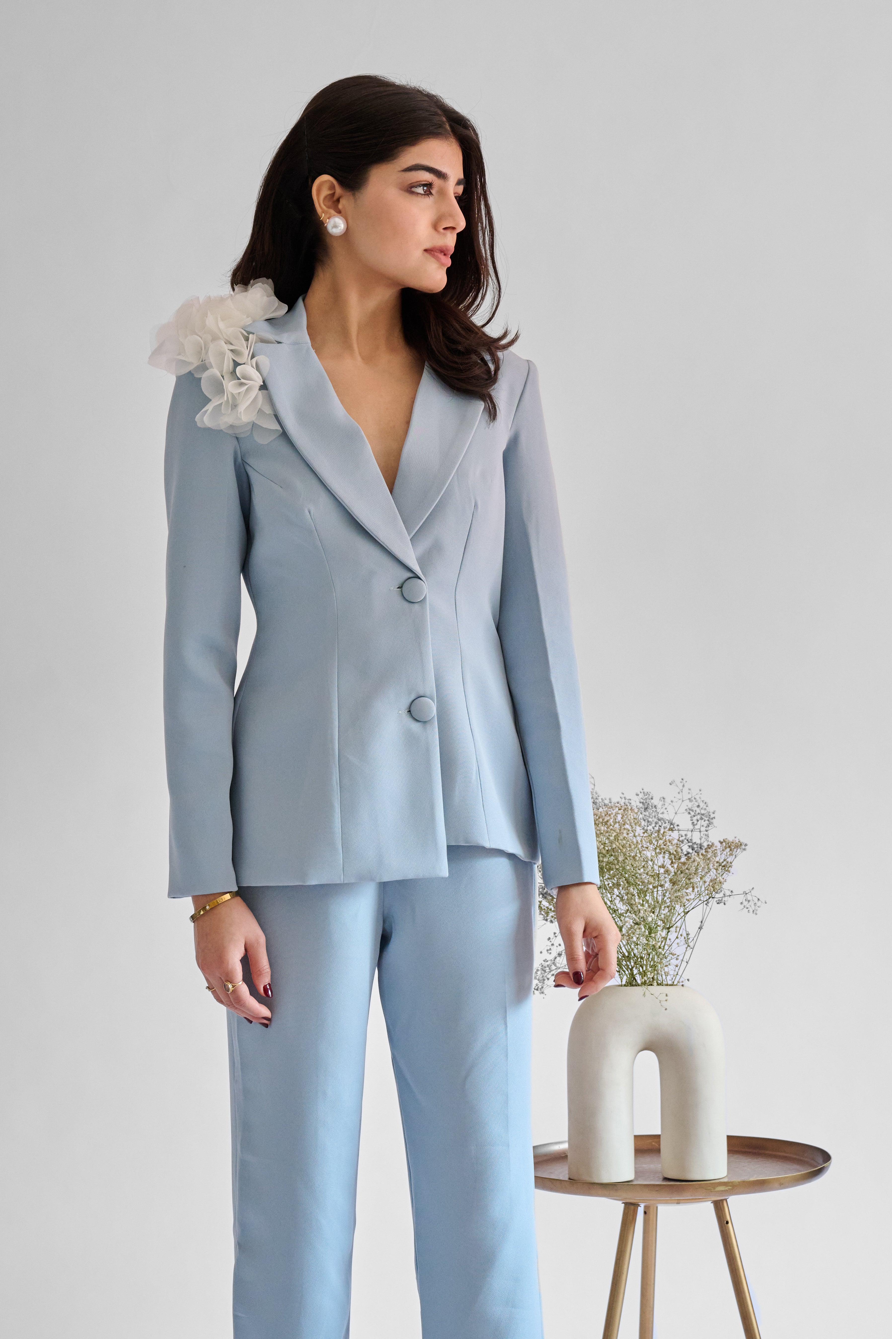 Ice Blue Structured Blazer Set With 3d Flowers