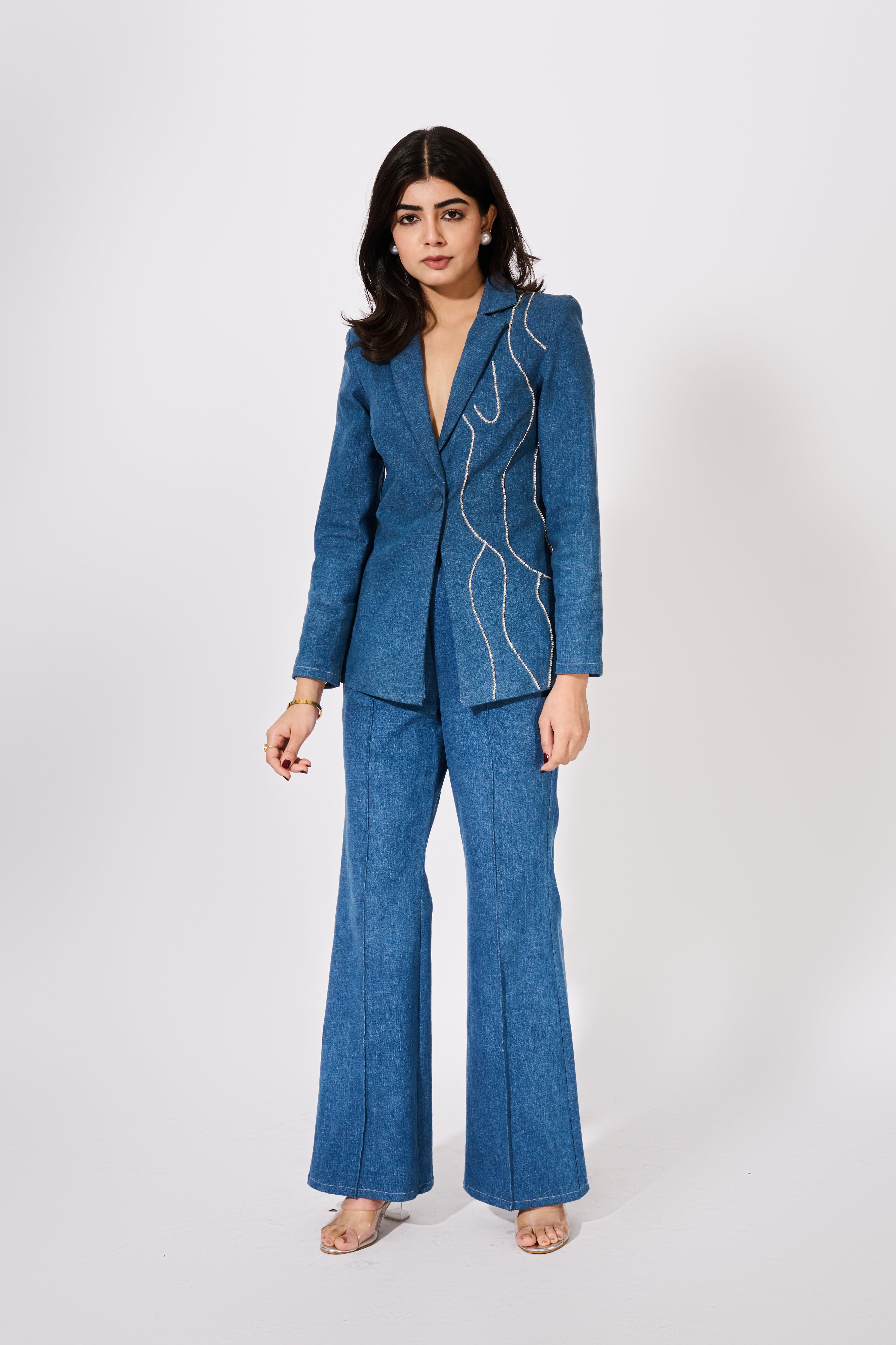 Denim Blazer Set With Rhinestone Embellishments