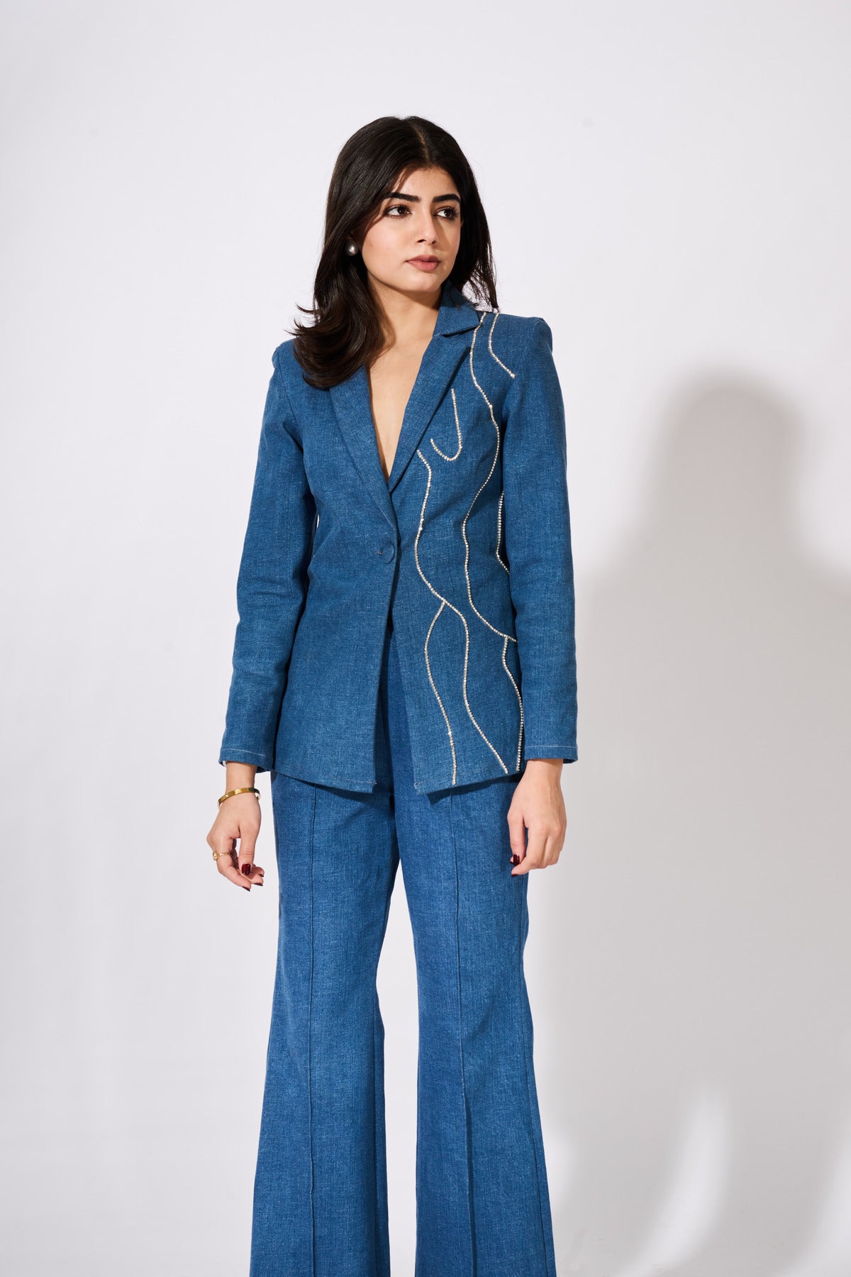 Denim Blazer Set With Rhinestone Embellishments