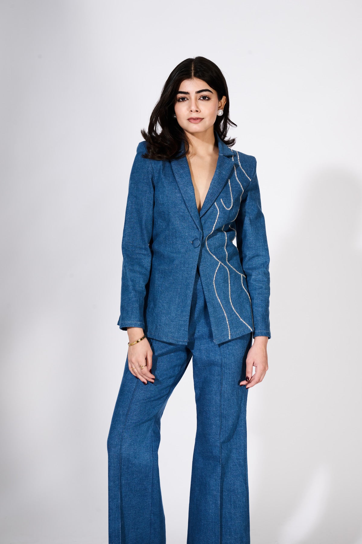 Denim Blazer Set With Rhinestone Embellishments