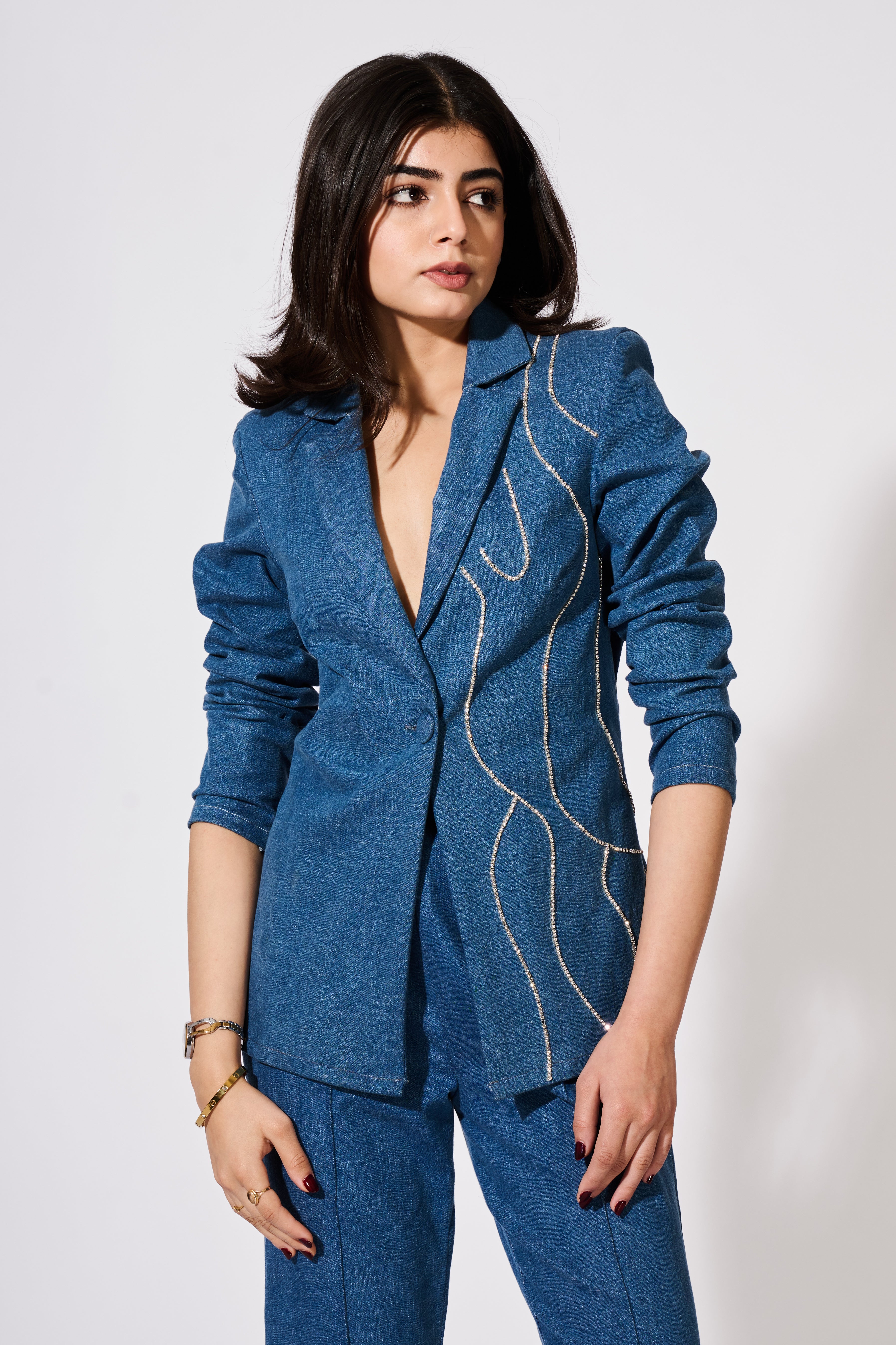 Denim Blazer Set With Rhinestone Embellishments