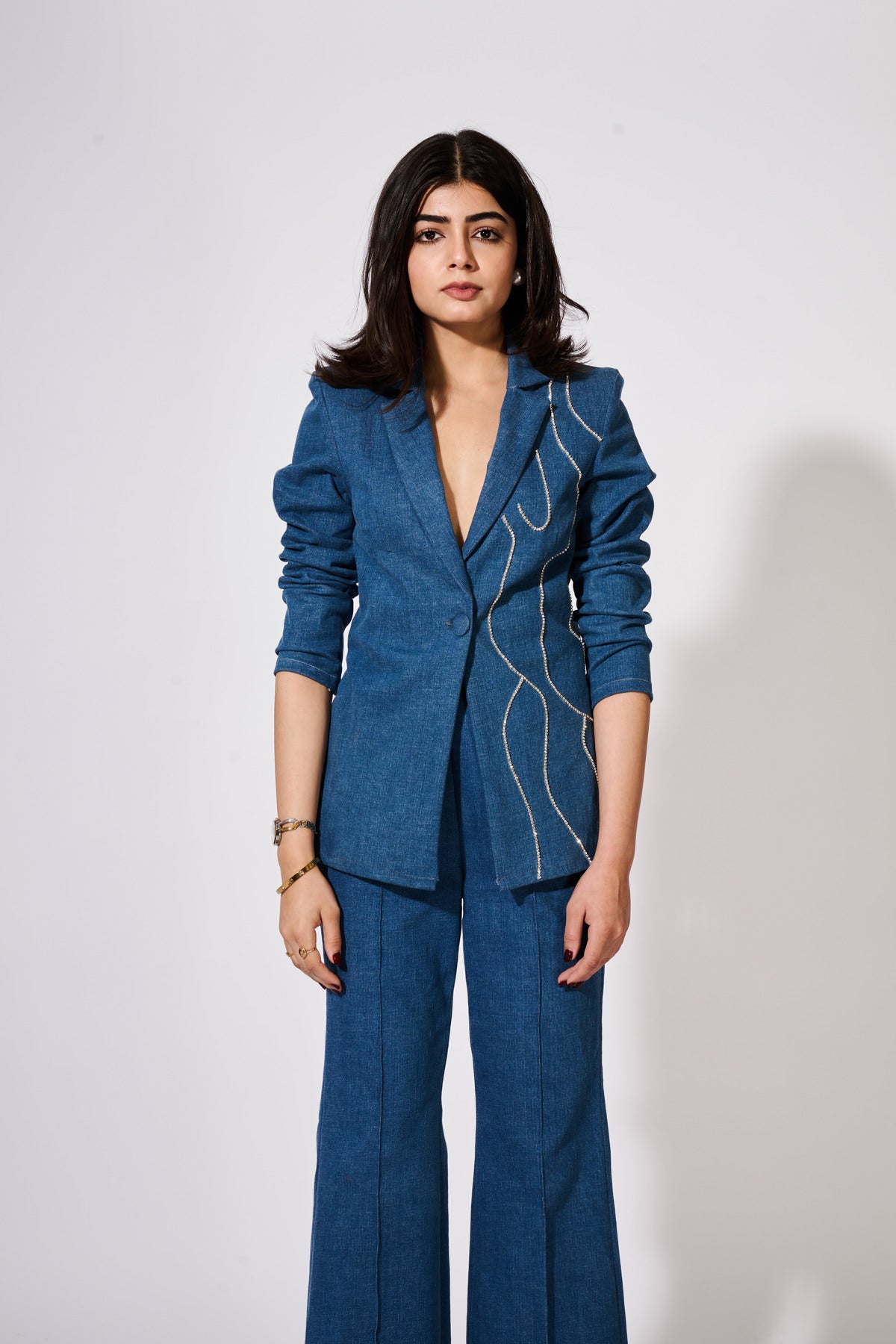 Denim Blazer Set With Rhinestone Embellishments