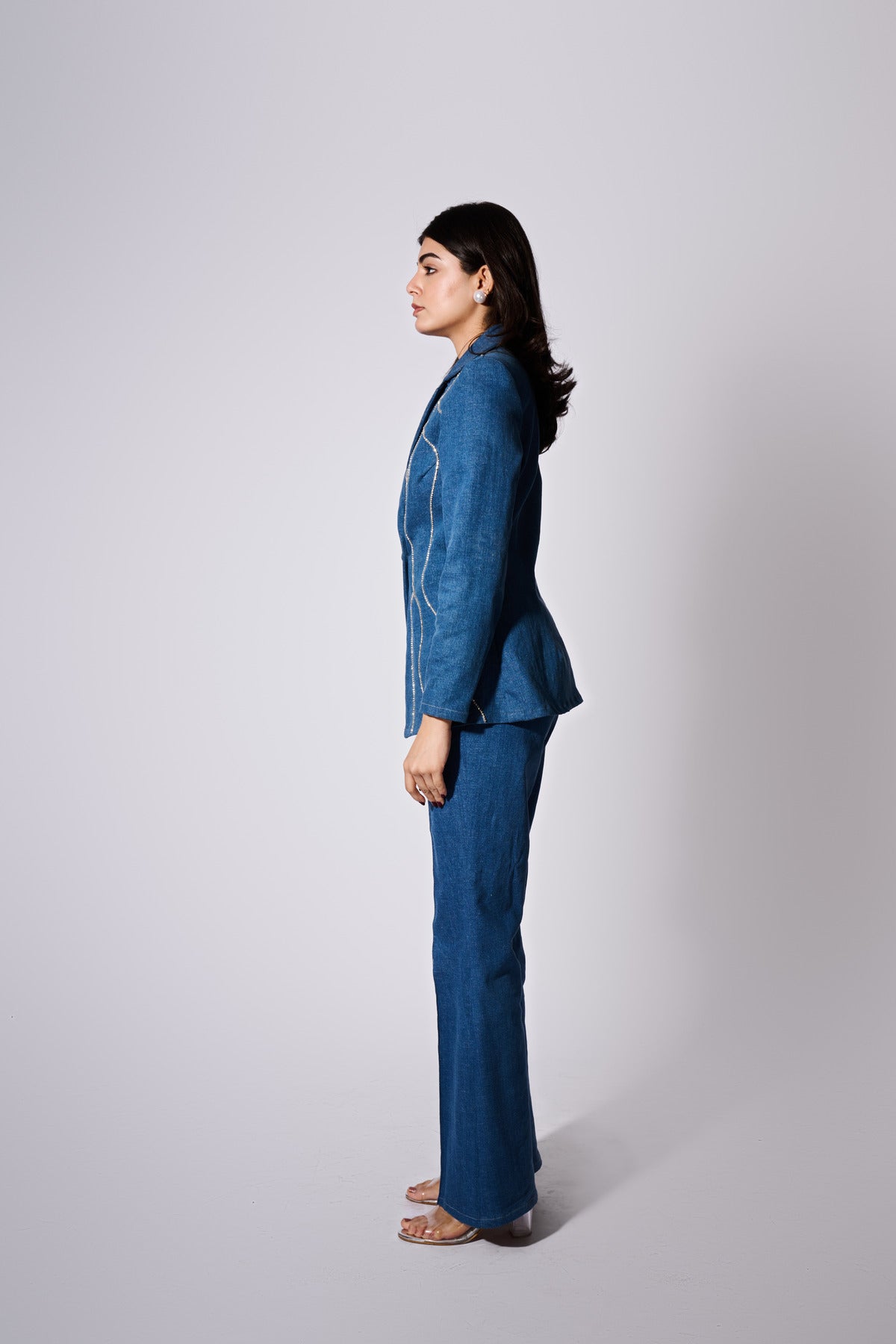Denim Blazer Set With Rhinestone Embellishments