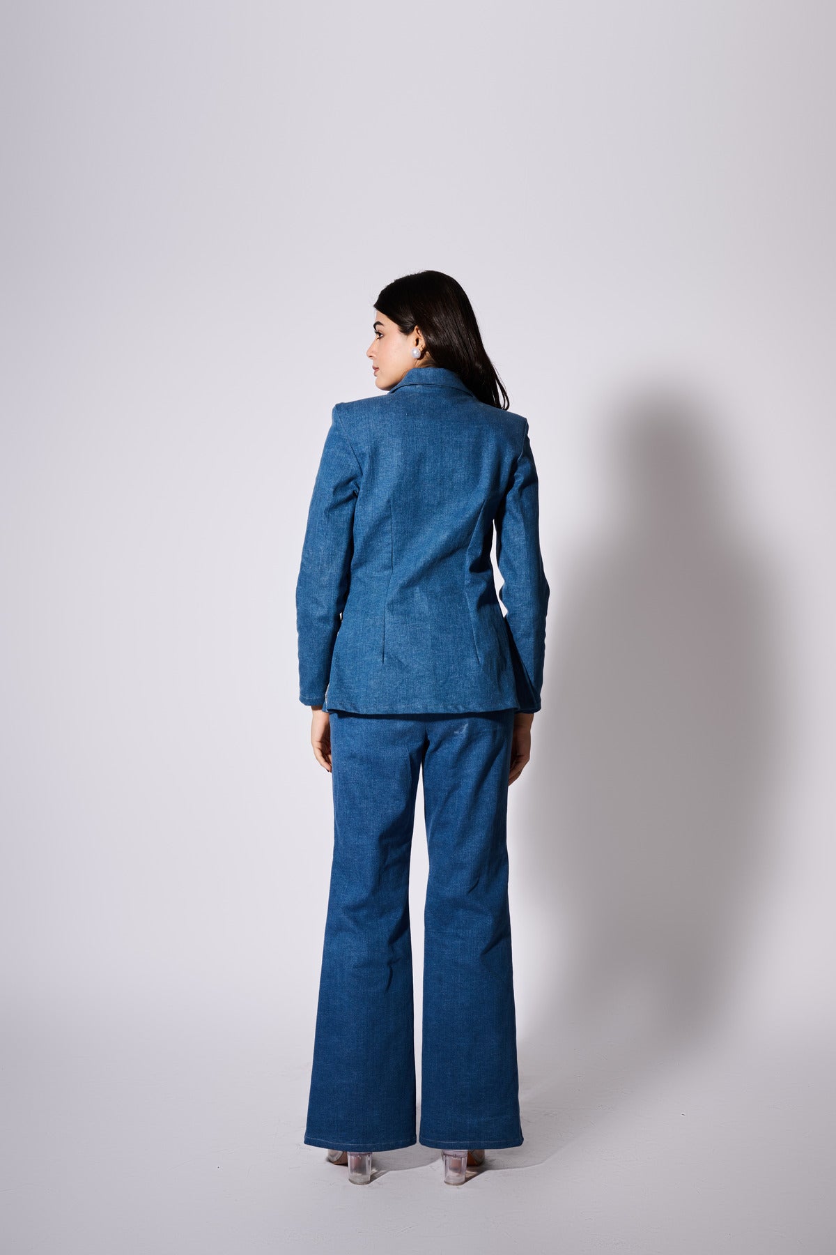 Denim Blazer Set With Rhinestone Embellishments