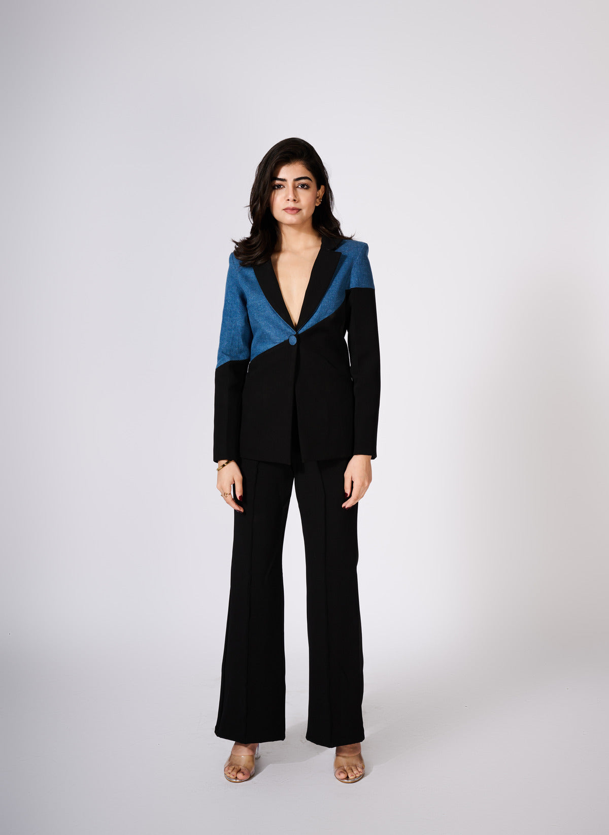 Denim And Black Colour Block Blazer Set