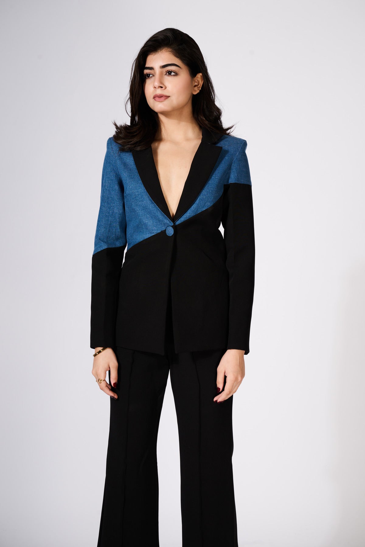 Denim And Black Colour Block Blazer Set