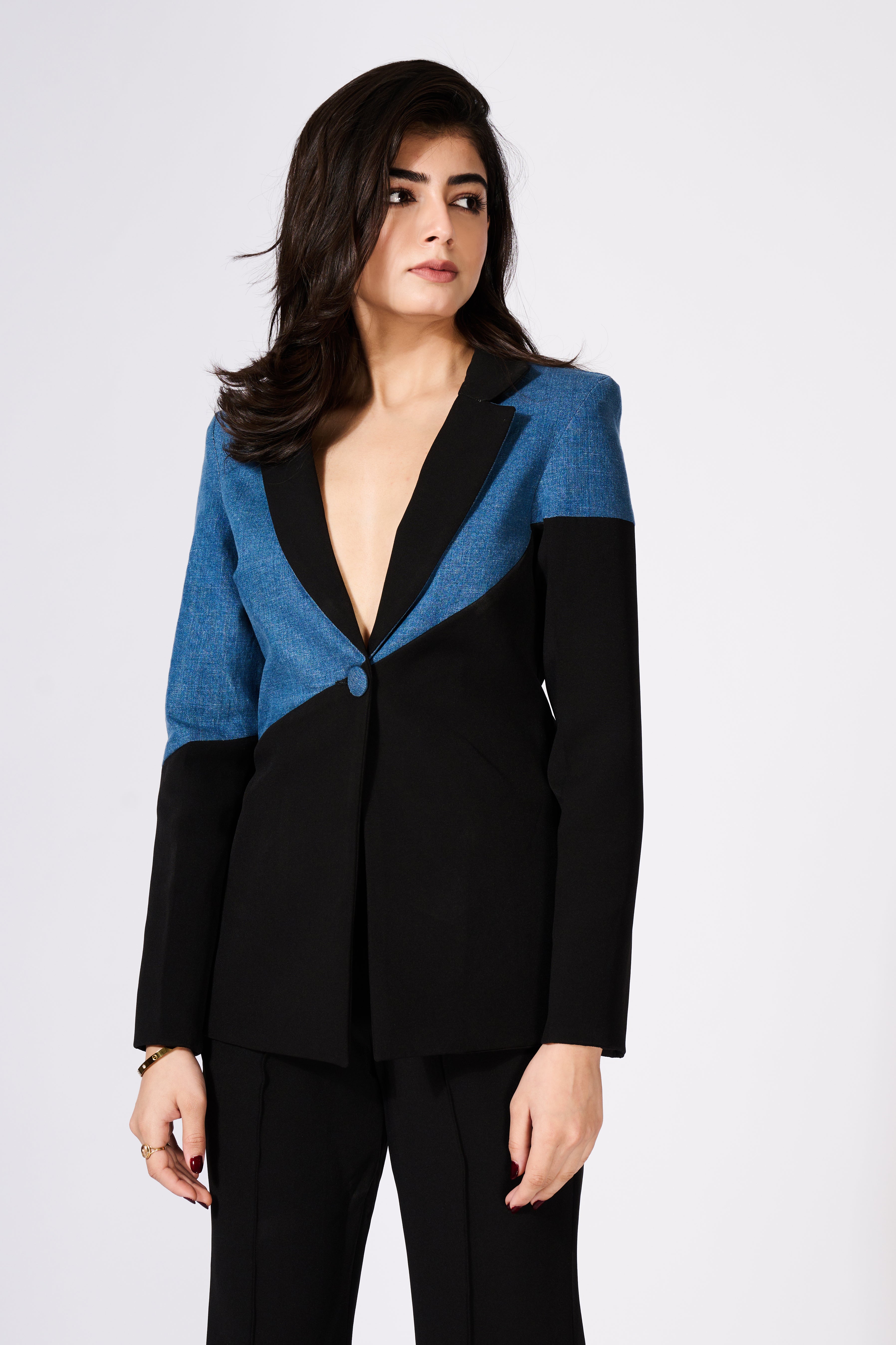 Denim And Black Colour Block Blazer Set