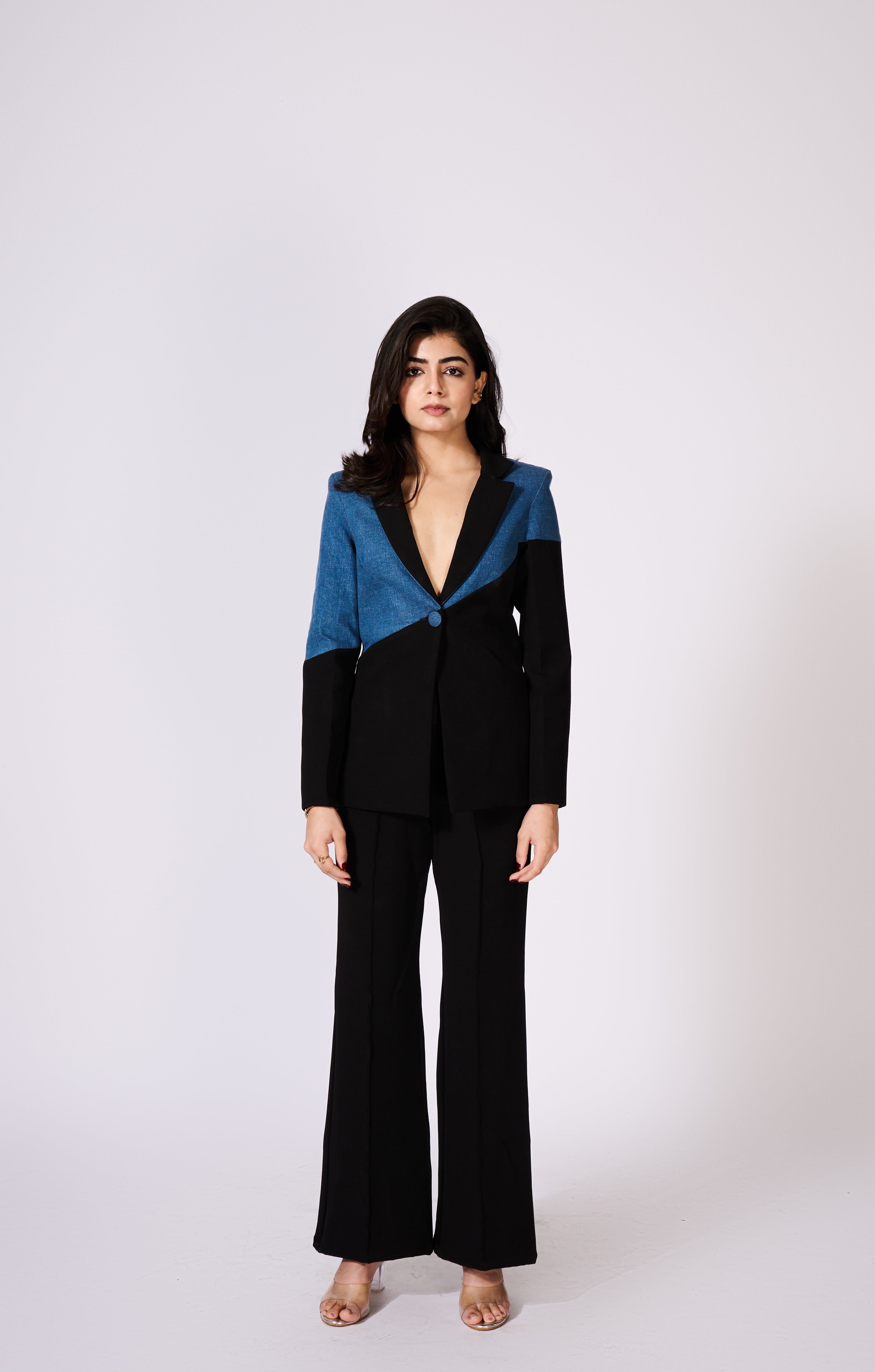 Denim And Black Colour Block Blazer Set