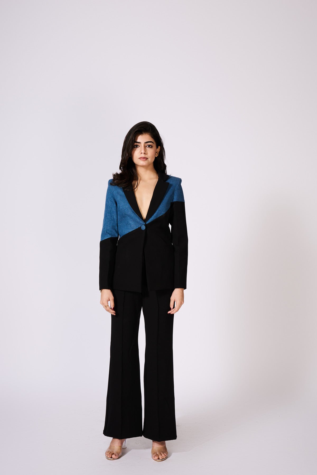 Denim And Black Colour Block Blazer Set