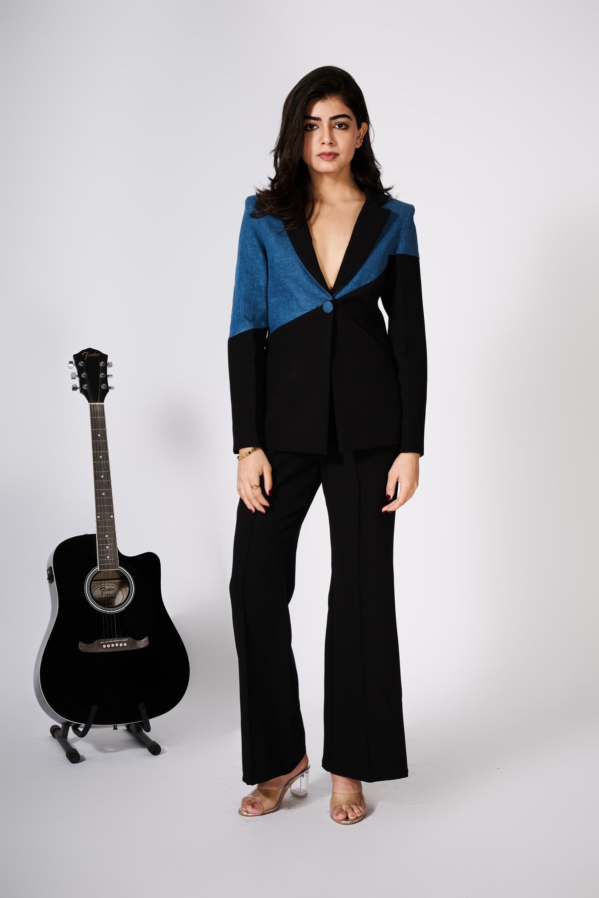 Denim And Black Colour Block Blazer Set