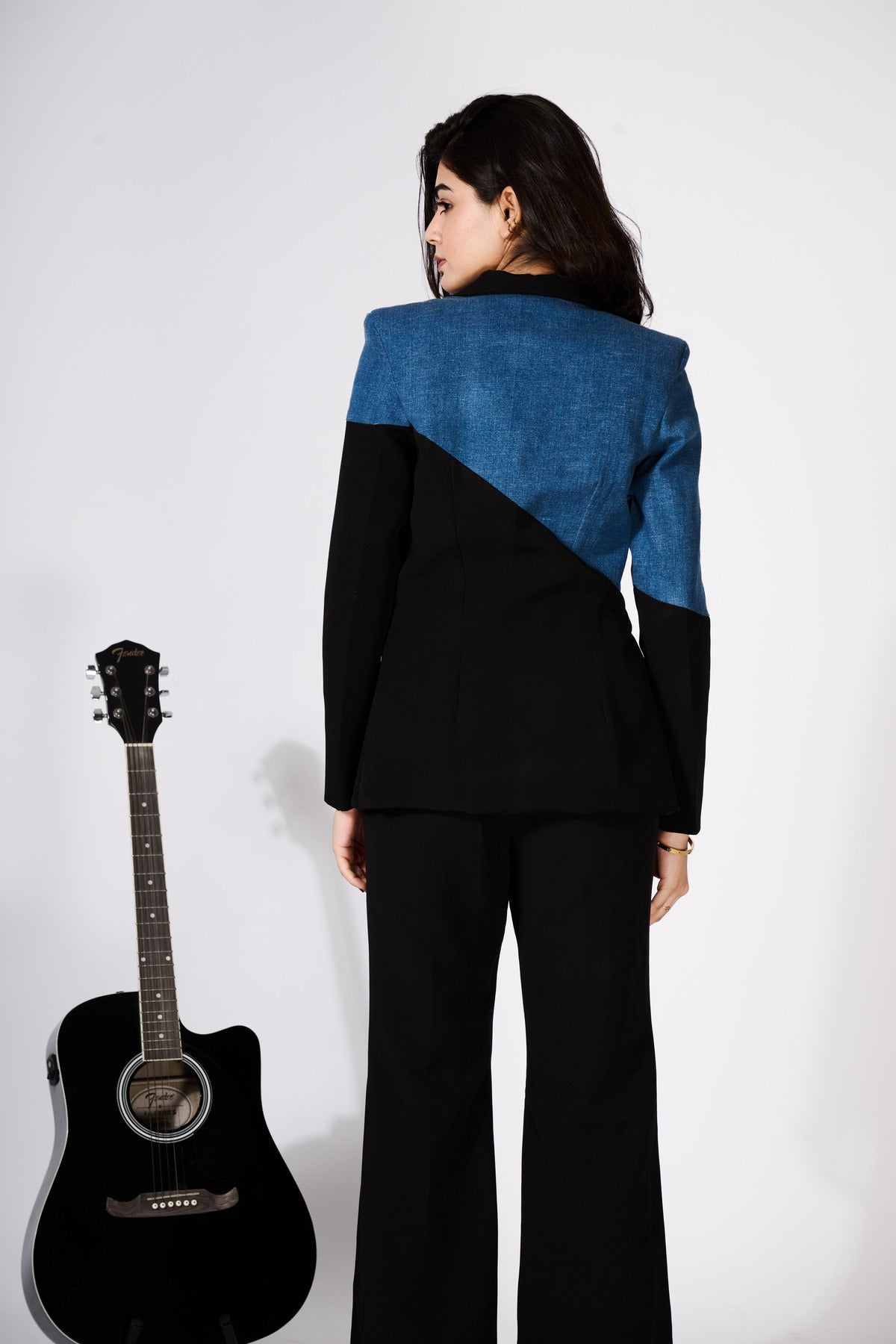 Denim And Black Colour Block Blazer Set