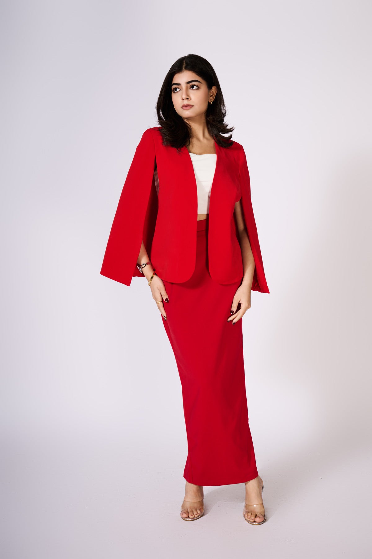 strapless open back dress Red Cape Sleeve Blazer With Skirt