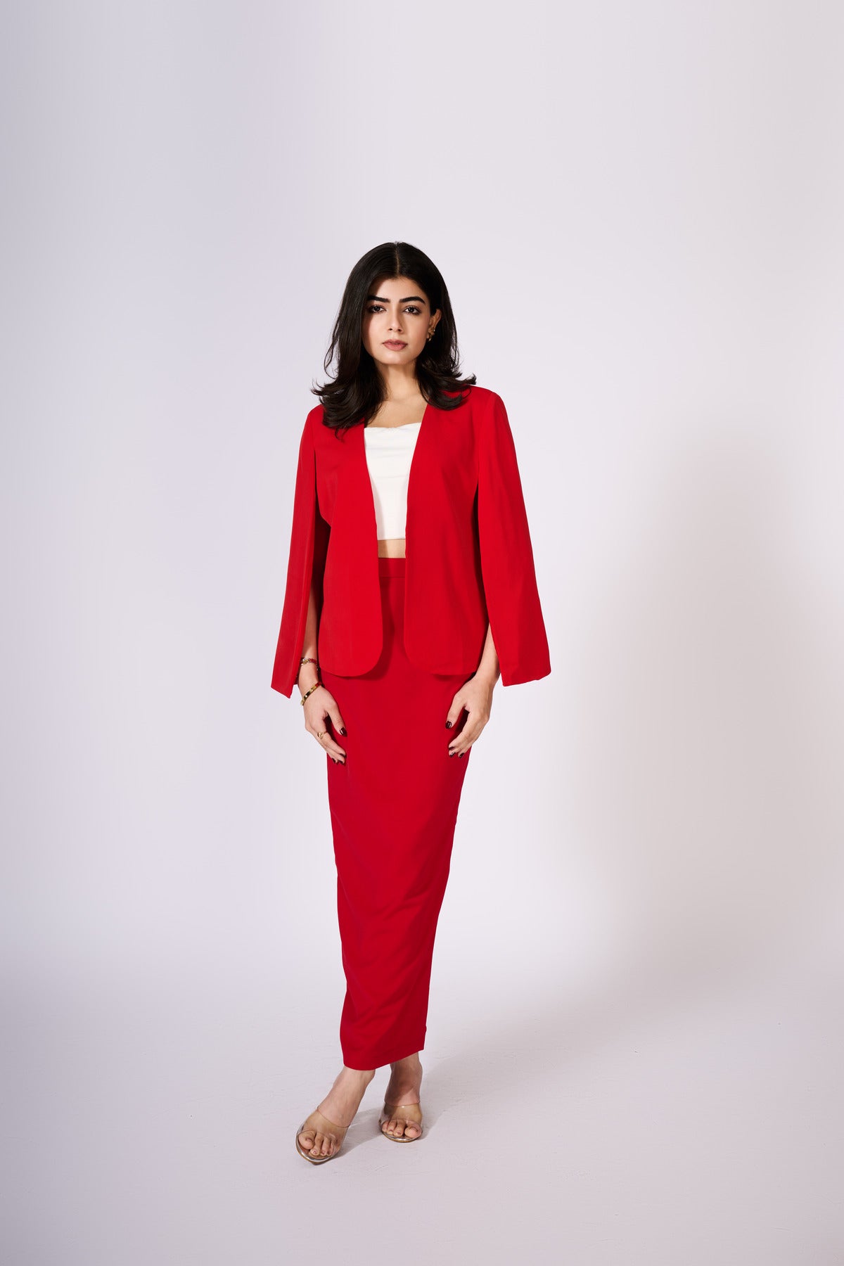 Red Cape Sleeve Blazer With Skirt