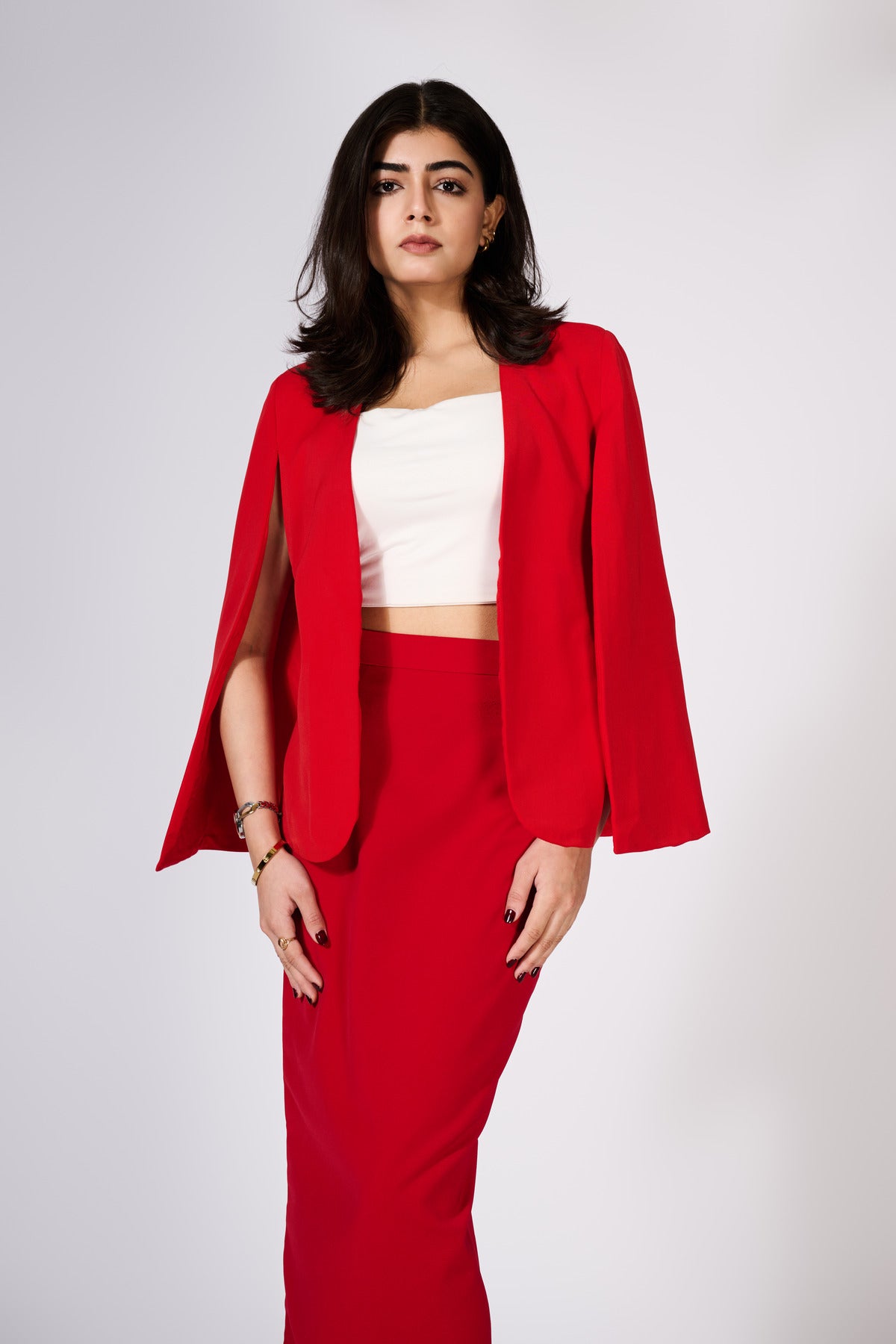 Red Cape Sleeve Blazer With Skirt