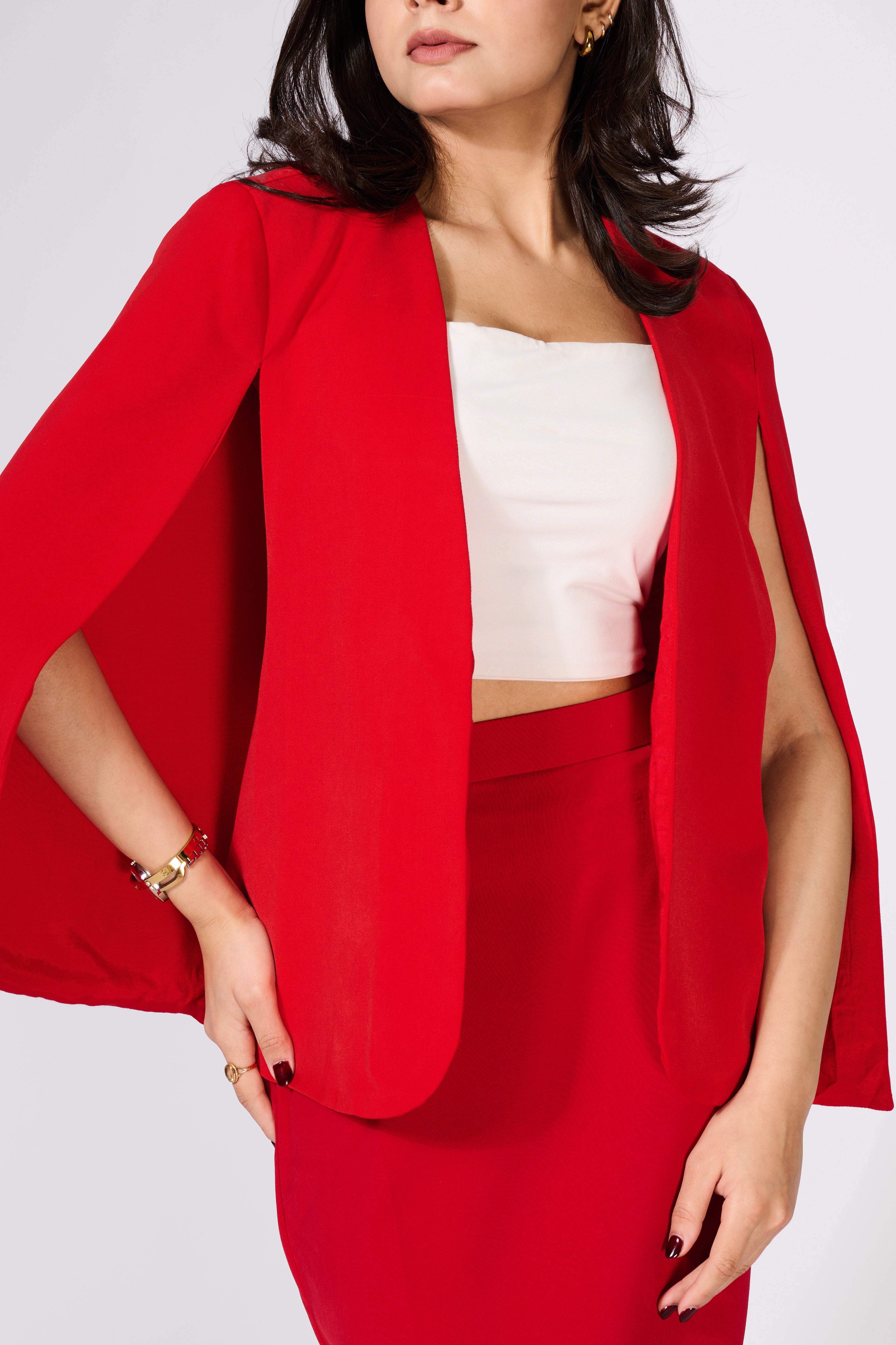 Red Cape Sleeve Blazer With Skirt