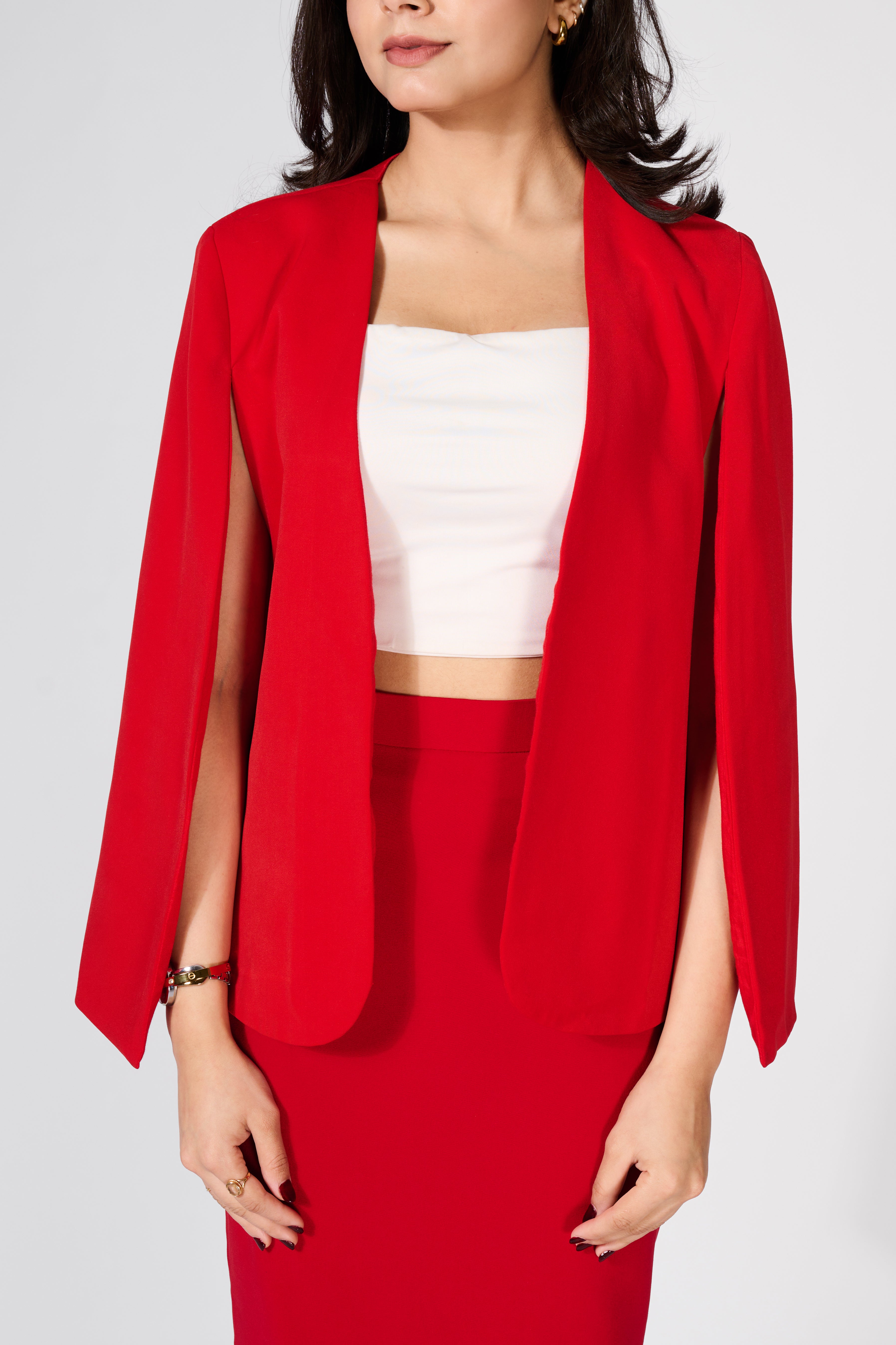 Red Cape Sleeve Blazer With Skirt