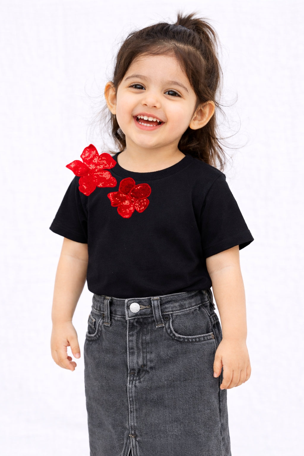 Black Tshirt With Red Sequin Flowers (Only for kids)