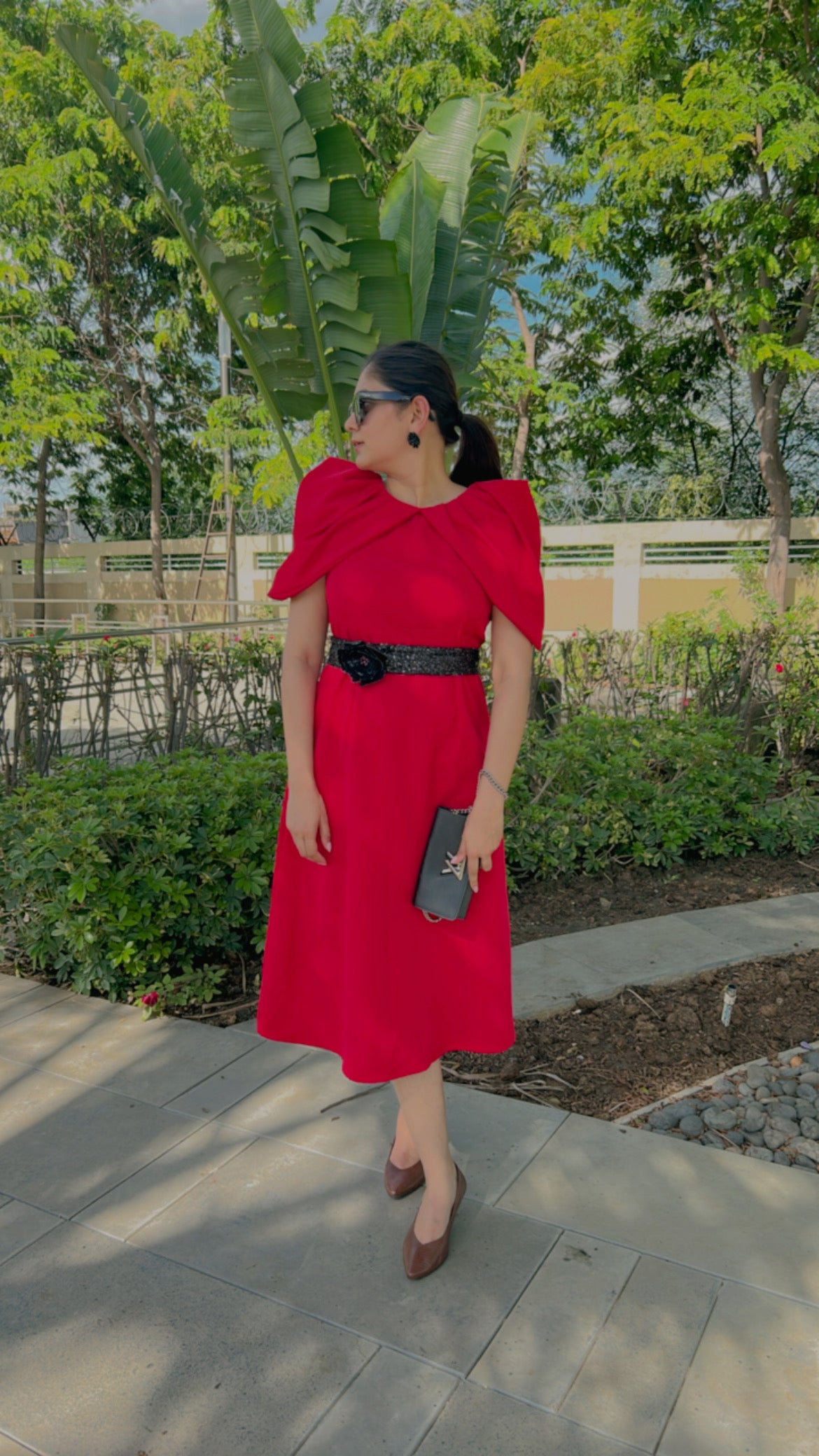 WEAVING CULT RED DRAMATIC PLEATED SLEEVE MIDI DRESS