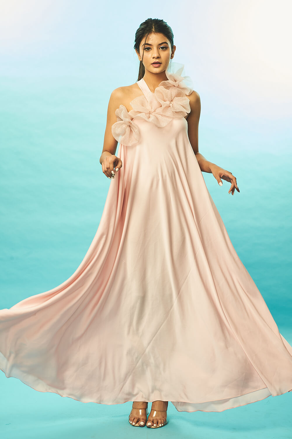 BLUSHED SATIN LONG DRESS WITH 3D SHIMMER ORGANZA FLOWERS