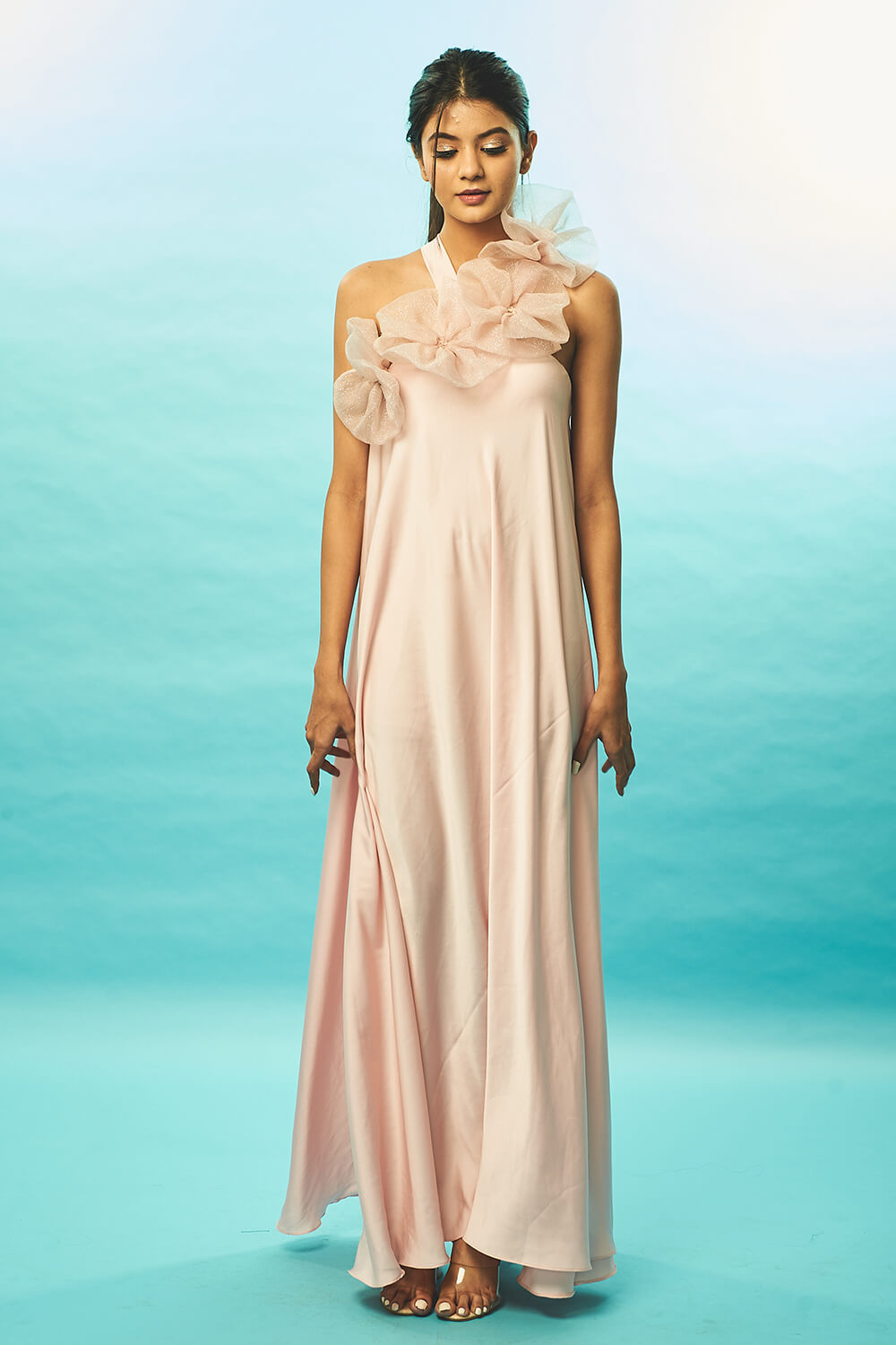 BLUSHED SATIN LONG DRESS WITH 3D SHIMMER ORGANZA FLOWERS