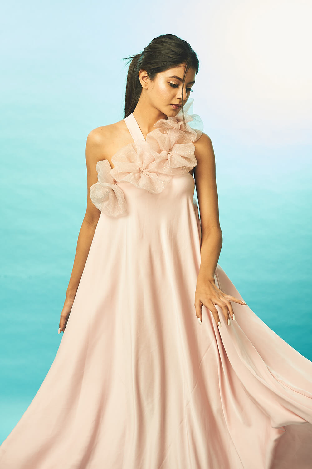 BLUSHED SATIN LONG DRESS WITH 3D SHIMMER ORGANZA FLOWERS