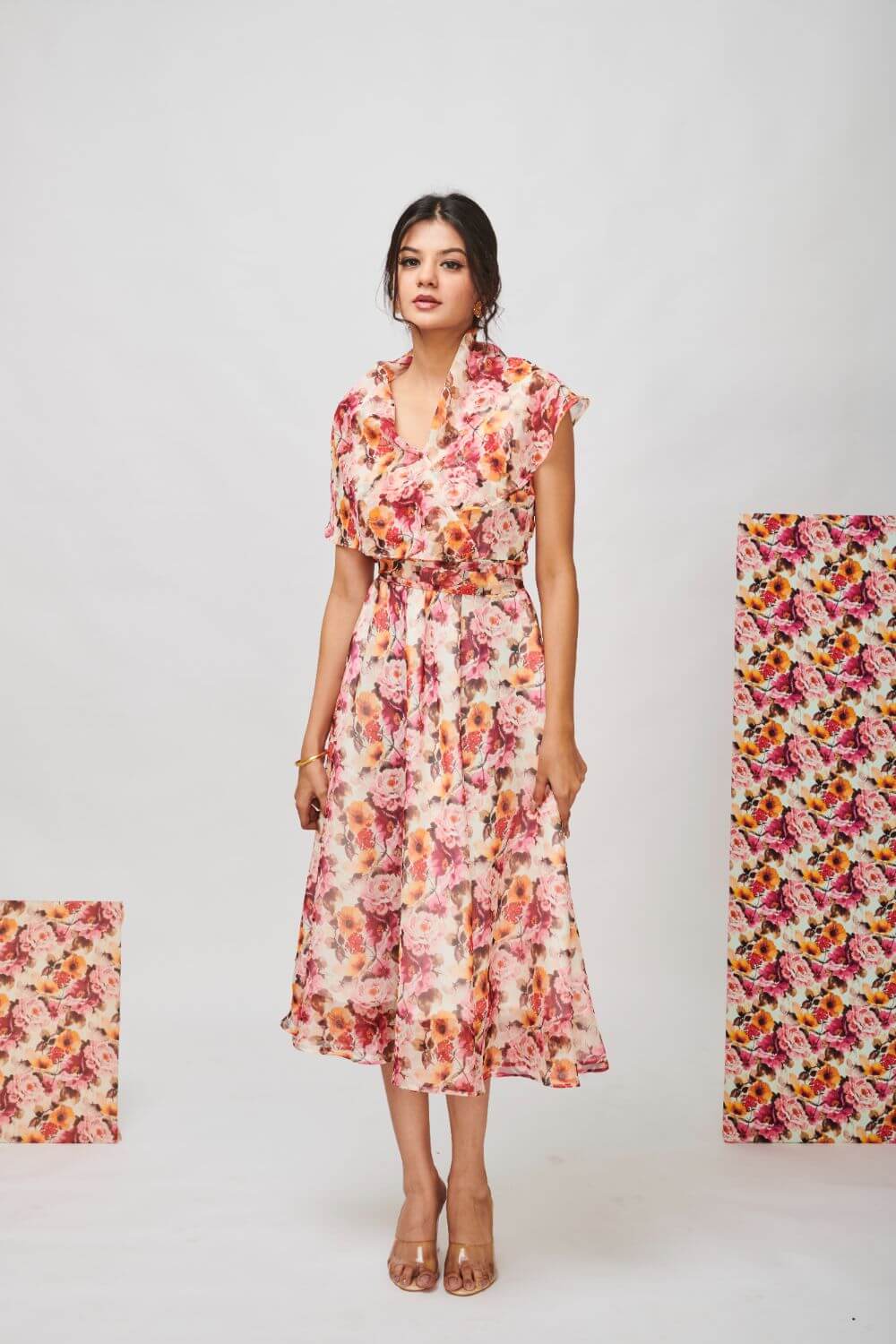 VINTAGE FLORAL SHAWL COLLAR MIDI DRESS