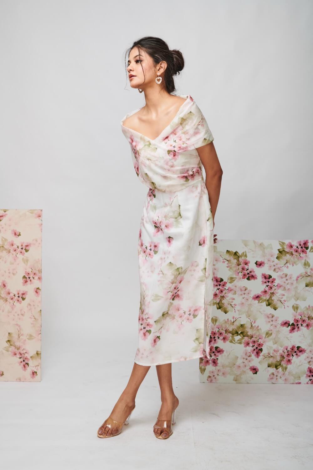 FLORAL PRINTED DRAPED MIDI DRESS