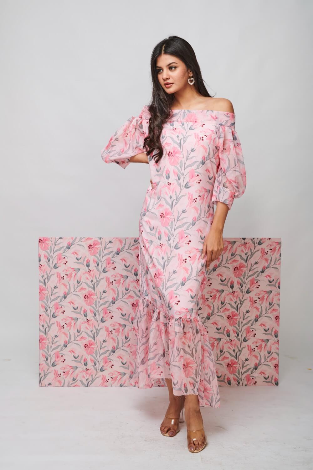 BLUSHING LILIES OFF-SHOULDER MAXI DRESS