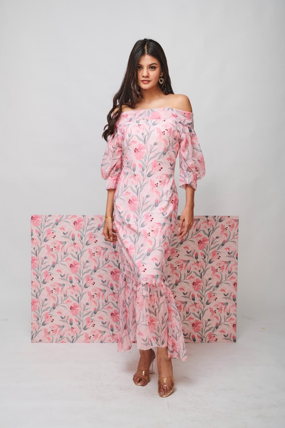 BLUSHING LILIES OFF-SHOULDER MAXI DRESS