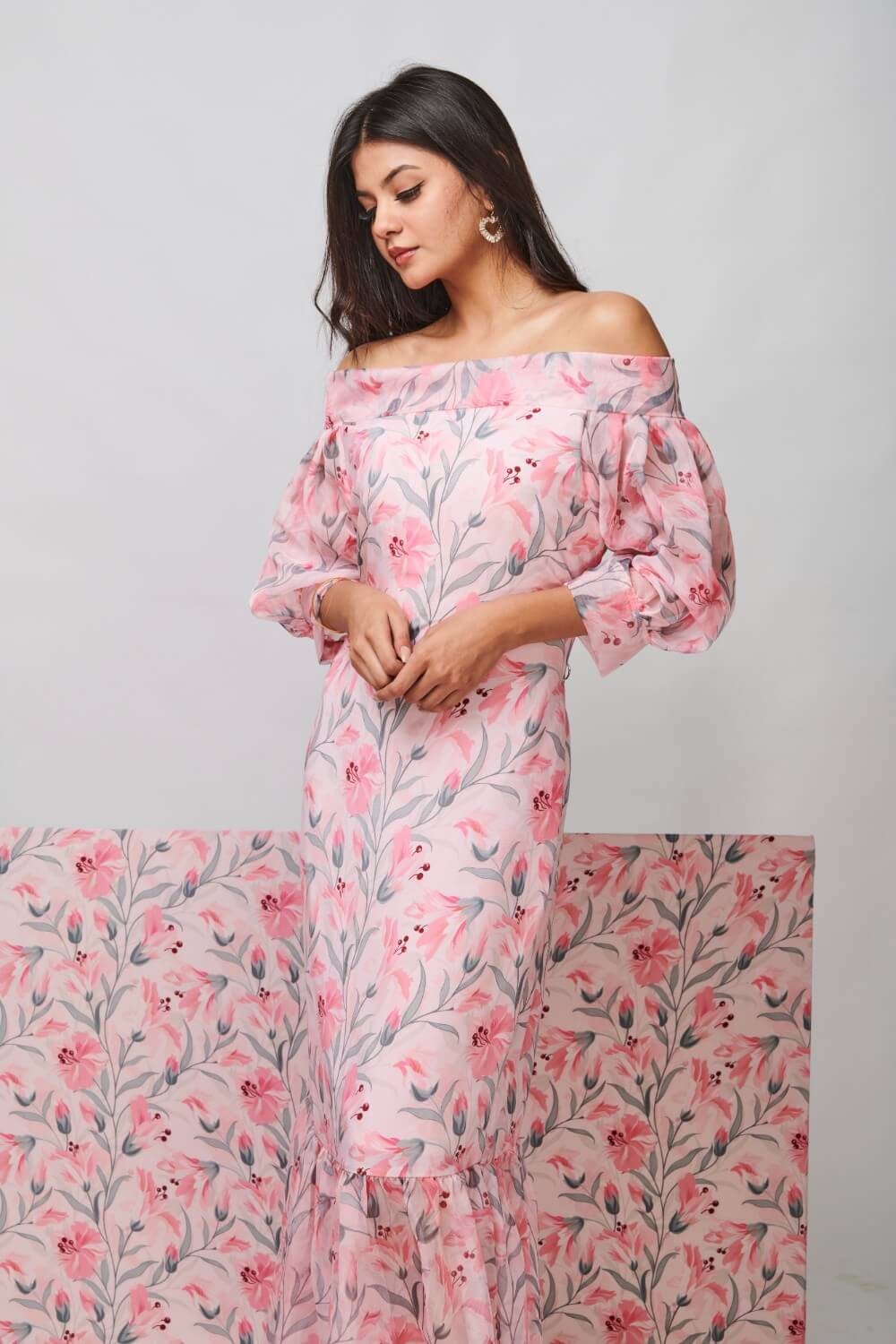 BLUSHING LILIES OFF-SHOULDER MAXI DRESS