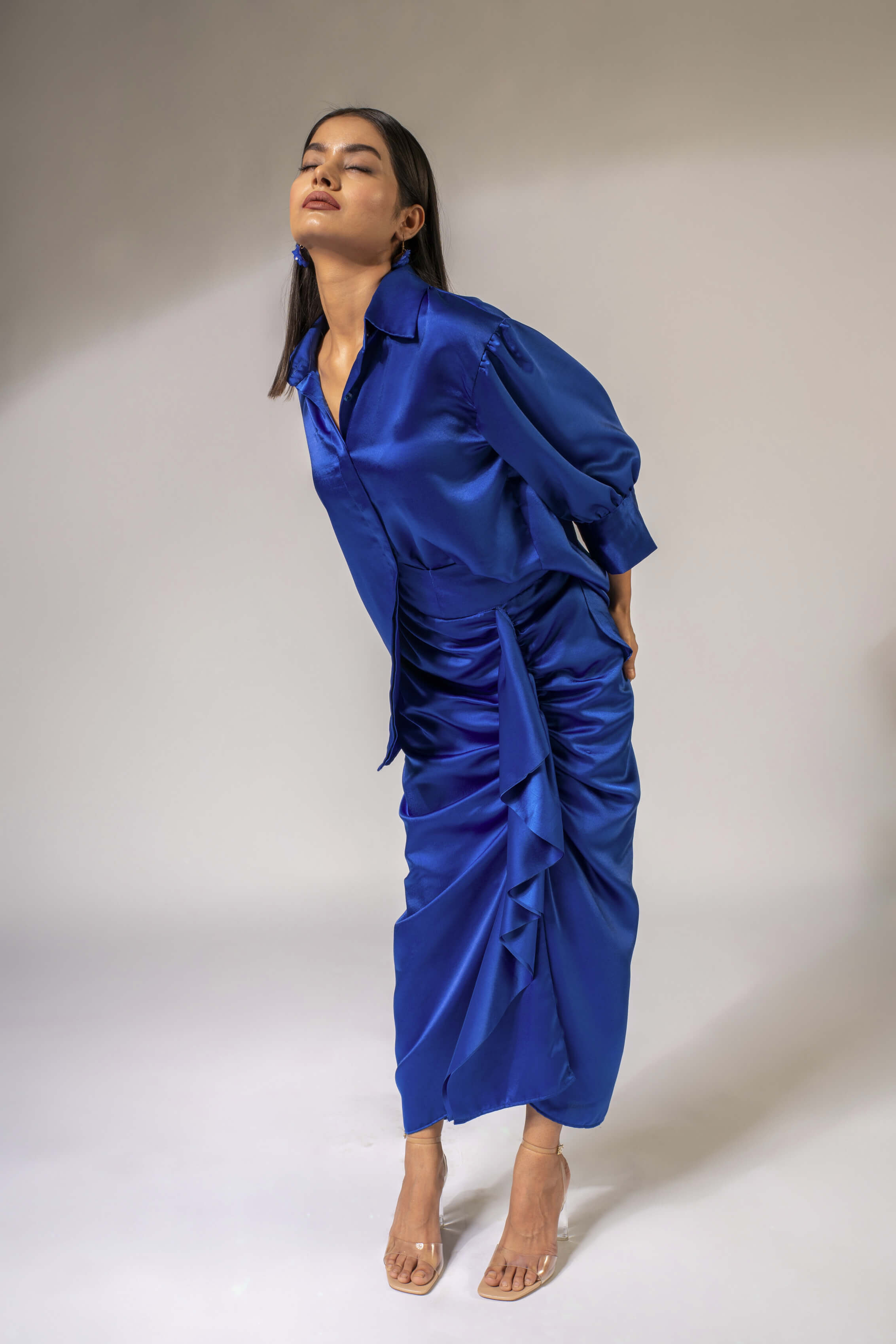 WEAVING CULT ROYAL BLUE LUXE SATIN DRAPED SKIRT