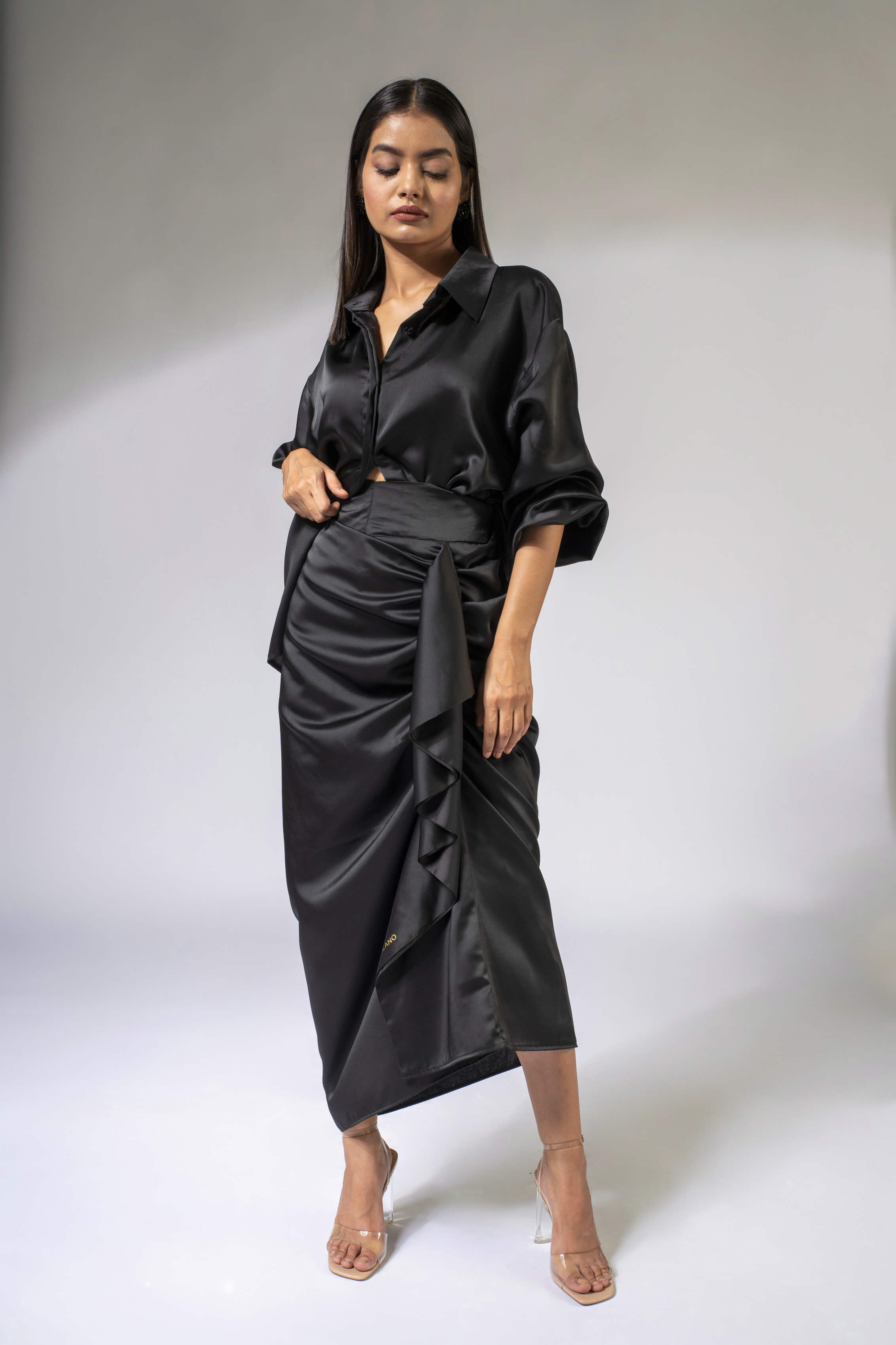 WEAVING CULT BLACK LUXE SATIN DRAPED SKIRT