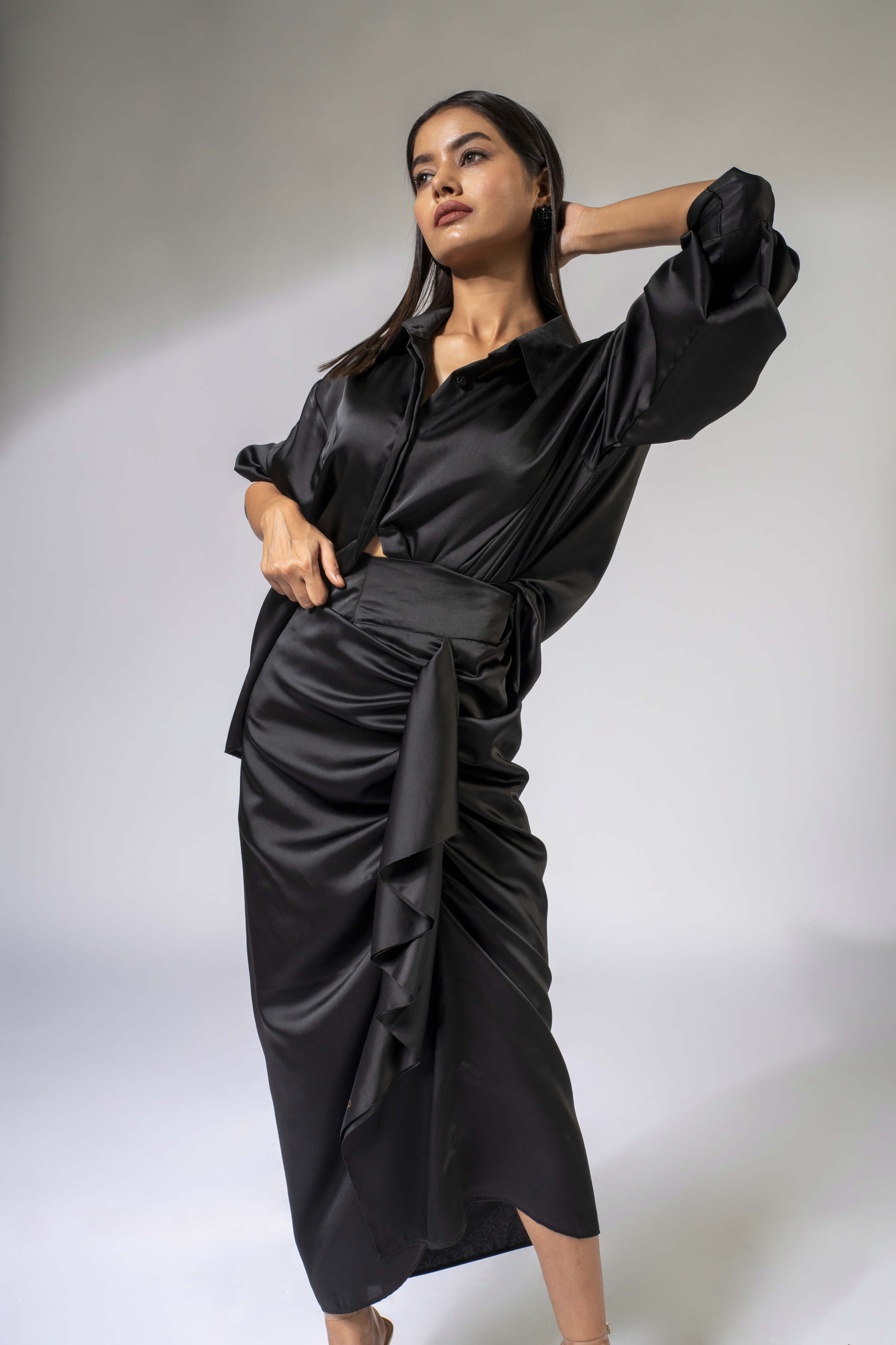 WEAVING CULT BLACK LUXE SATIN DRAPED SKIRT