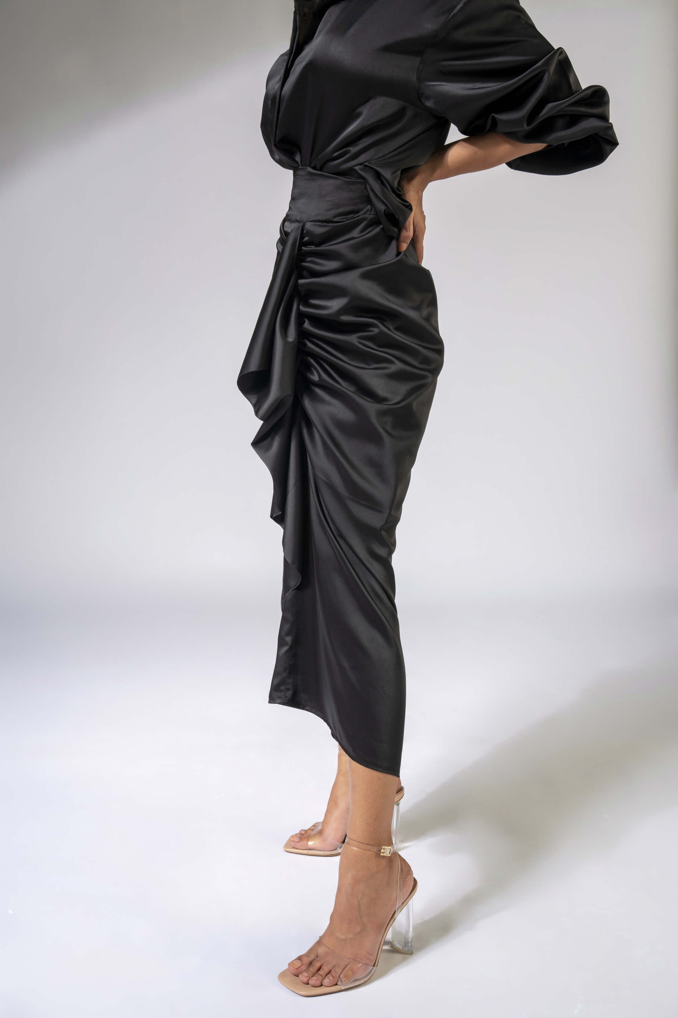 WEAVING CULT BLACK LUXE SATIN DRAPED SKIRT