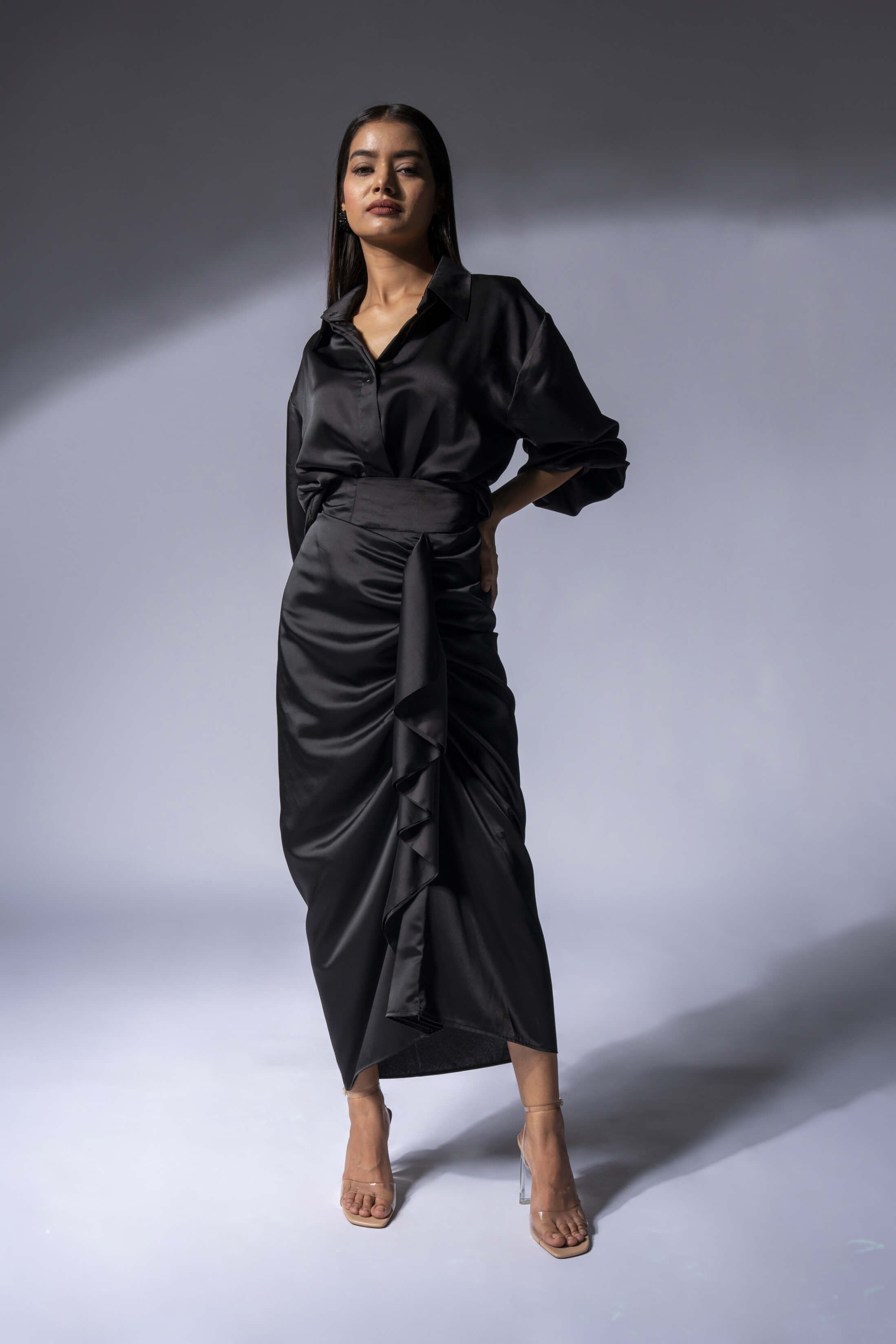 WEAVING CULT BLACK LUXE SATIN DRAPED SKIRT