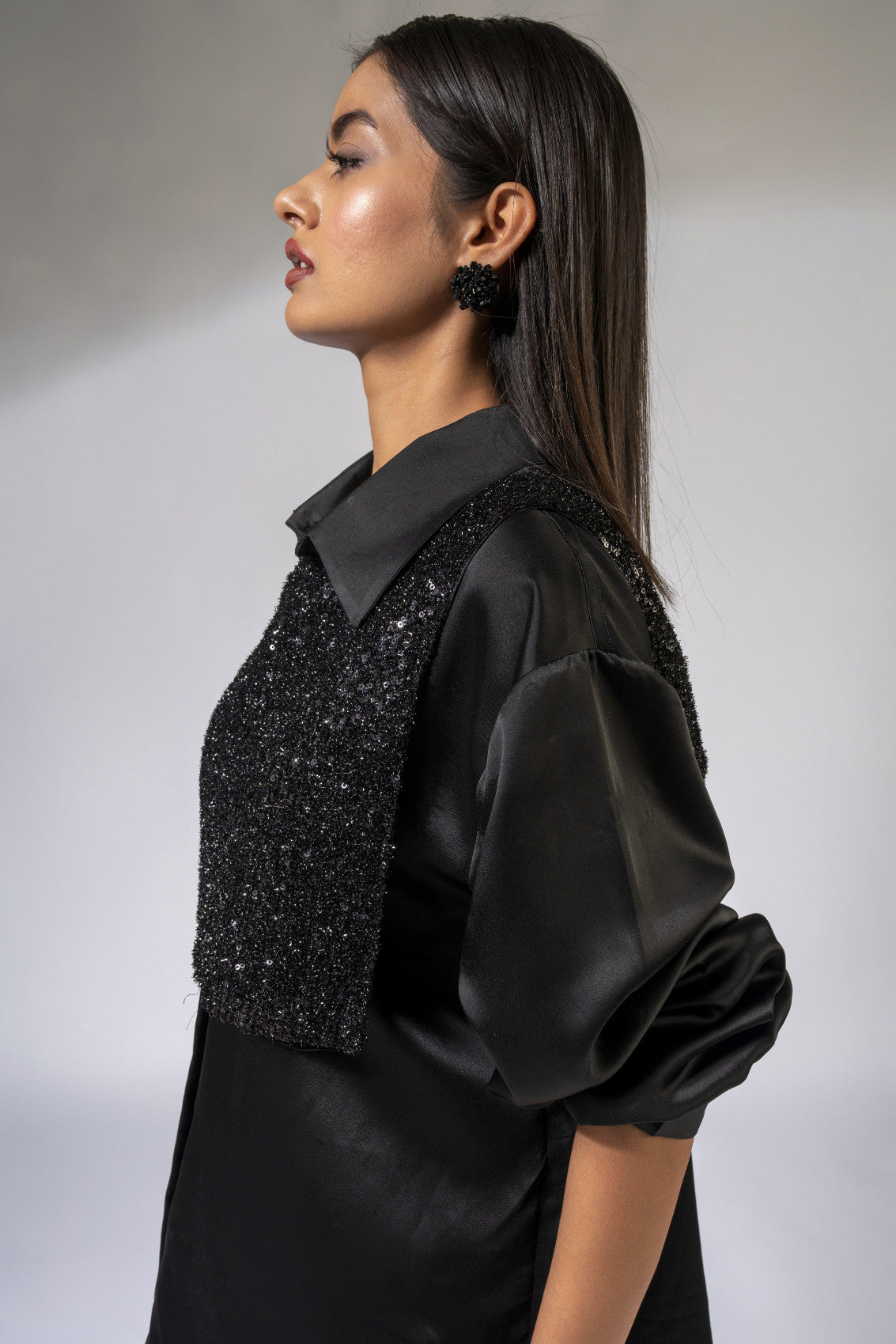 WEAVING CULT BLACK SATIN SHIRT WITH SHIMMER SLIPON CAPE