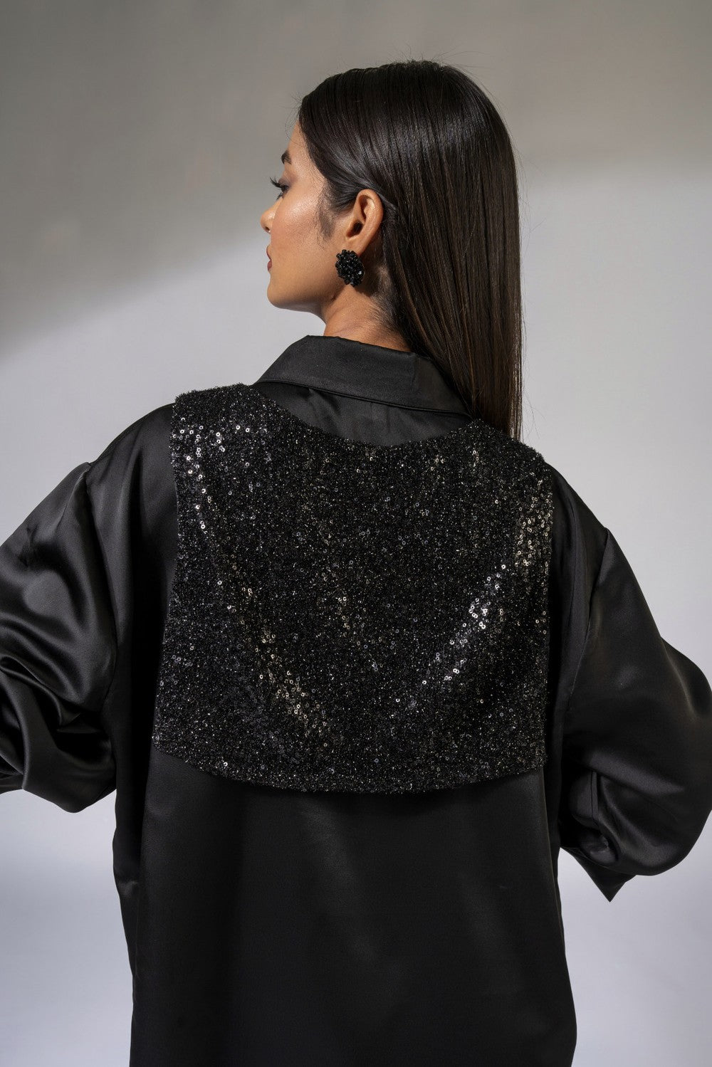 WEAVING CULT BLACK SATIN SHIRT WITH SHIMMER SLIPON CAPE