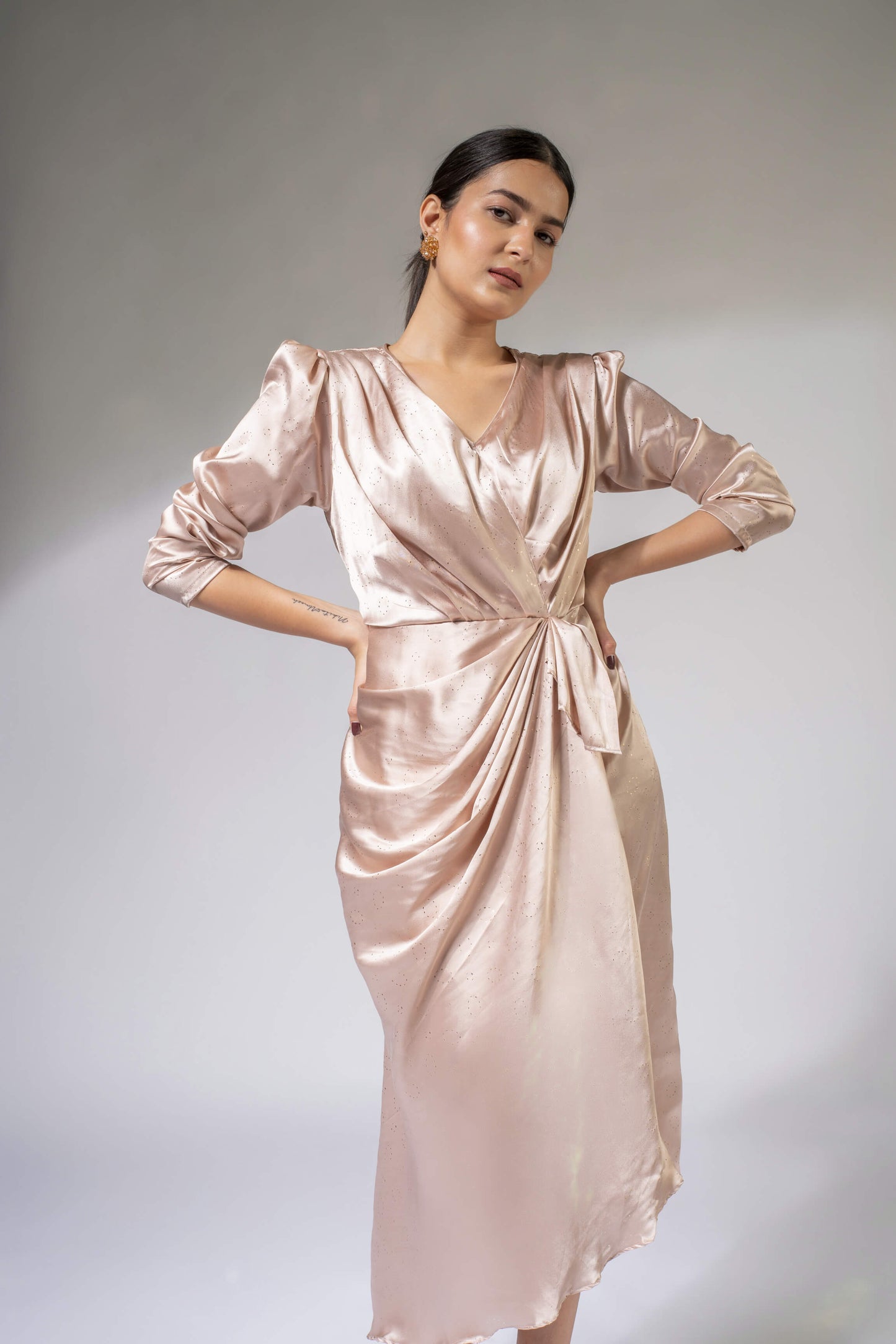 WEAVING CULT CHAMPAGNE AYSMETRICAL MIDI DRESS WITH DETACHABLE 3D FLOWER