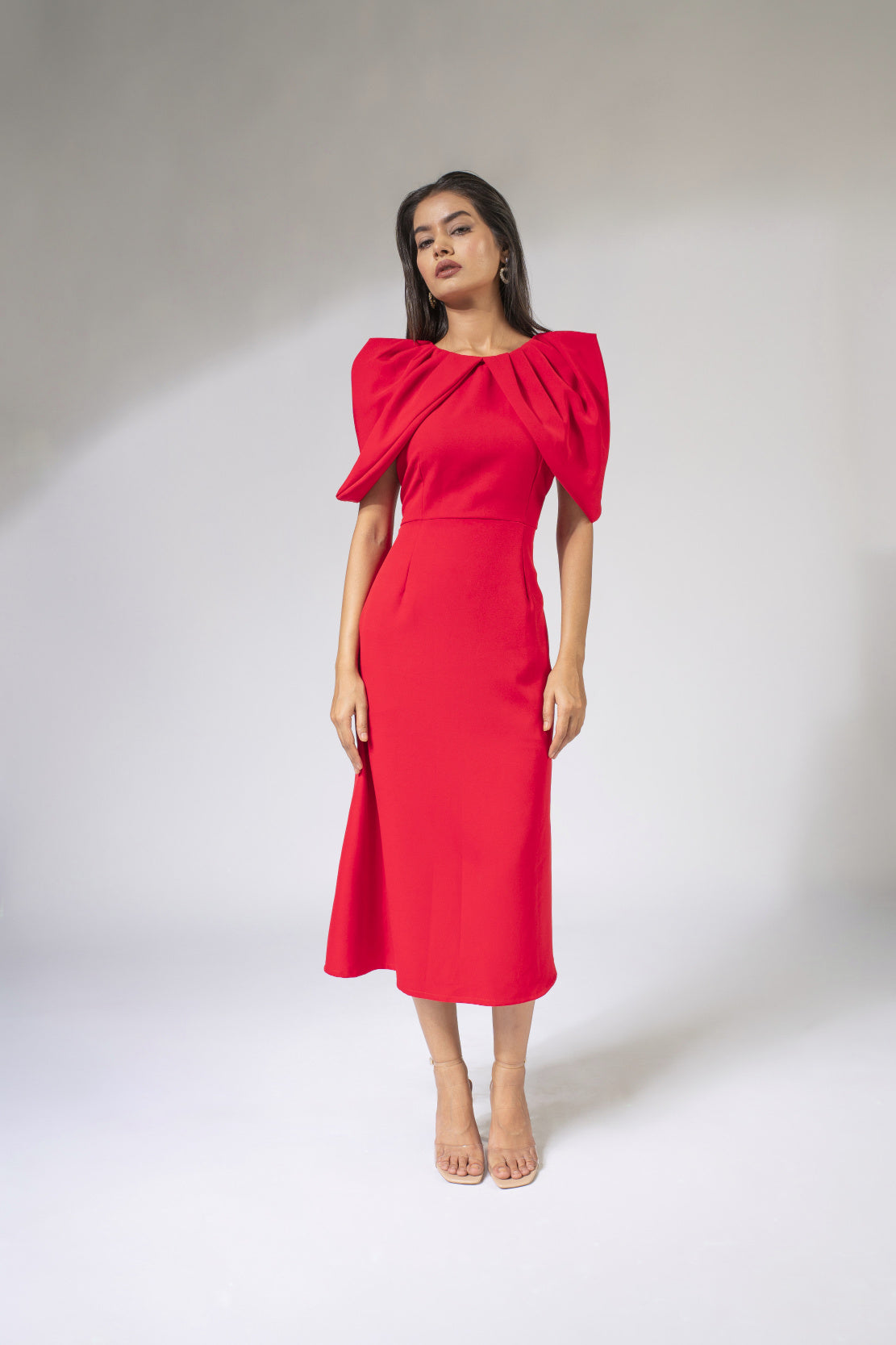 WEAVING CULT RED DRAMATIC PLEATED SLEEVE MIDI DRESS