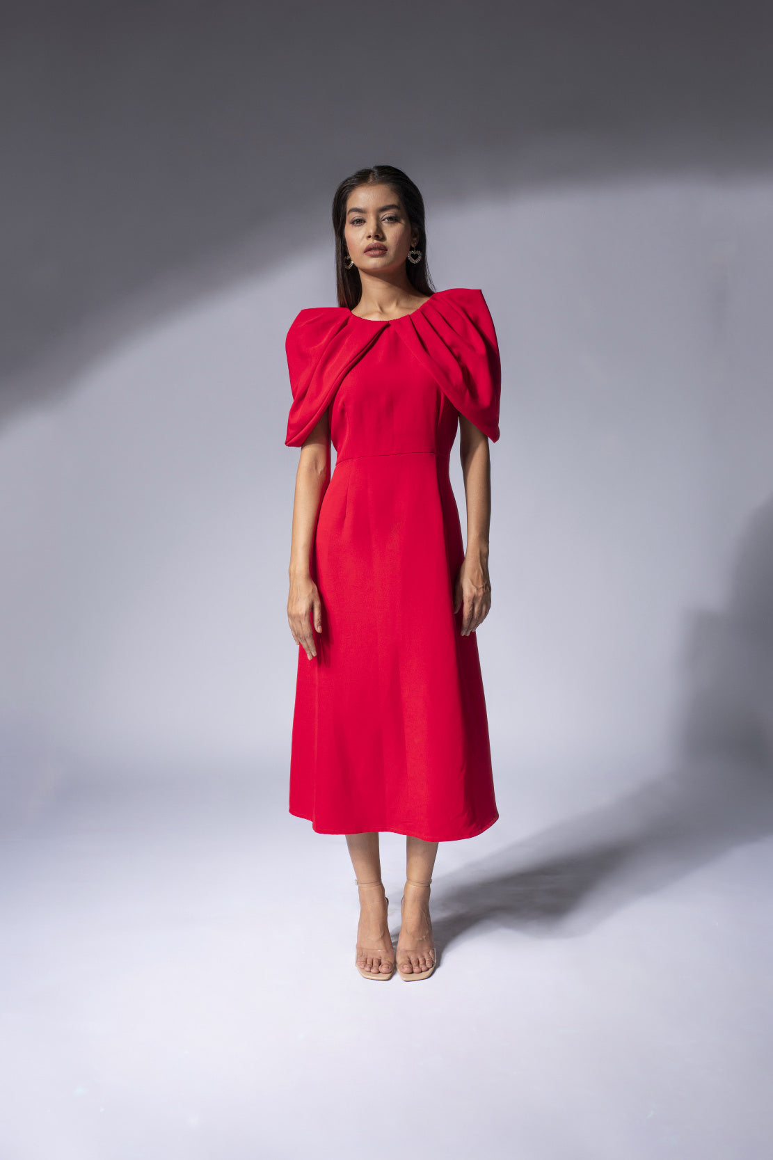 WEAVING CULT RED DRAMATIC PLEATED SLEEVE MIDI DRESS