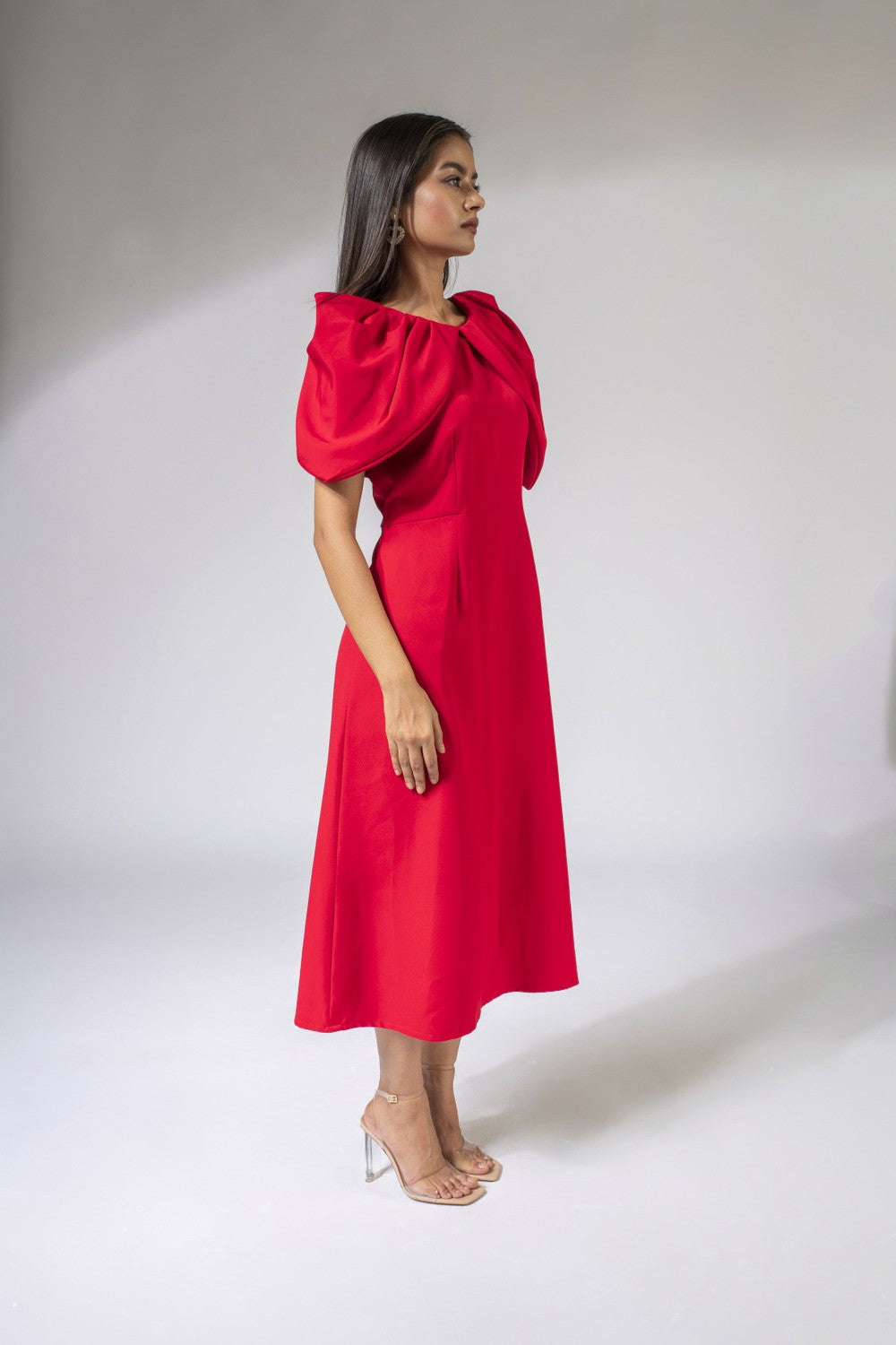 WEAVING CULT RED DRAMATIC PLEATED SLEEVE MIDI DRESS