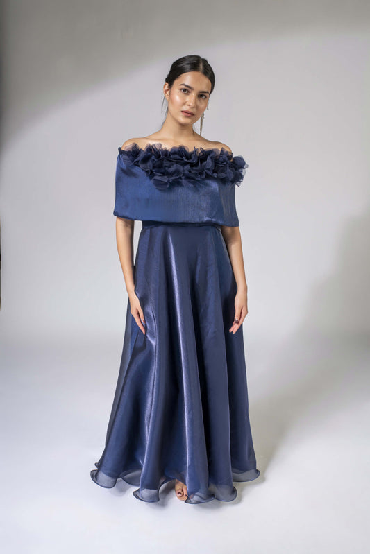 WEAVING CULT ROYAL BLUE SHIMMER ORGANZA MAXI DRESS WITH 3D FLOWER WRAP