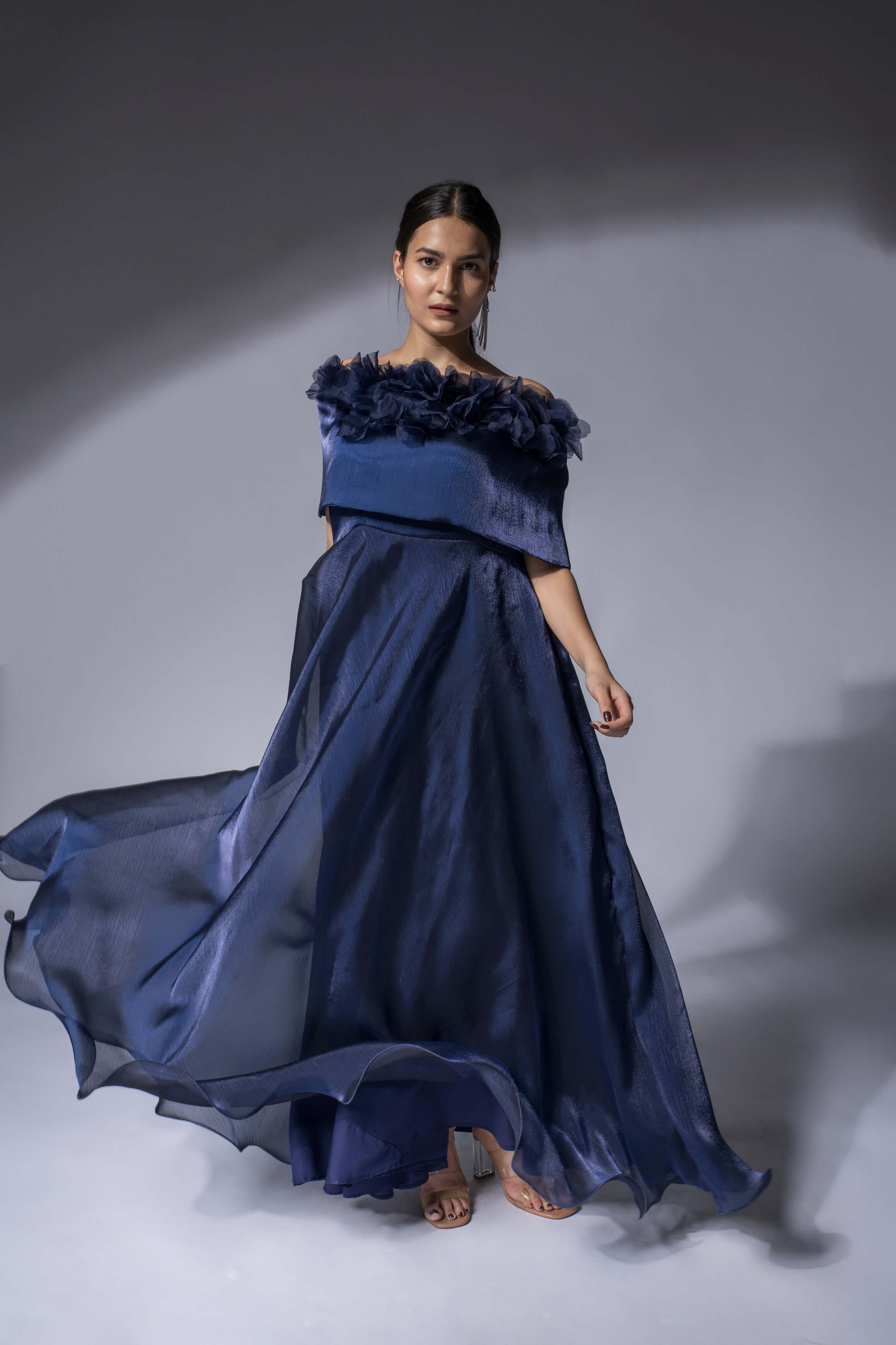 WEAVING CULT ROYAL BLUE SHIMMER ORGANZA MAXI DRESS WITH 3D FLOWER WRAP