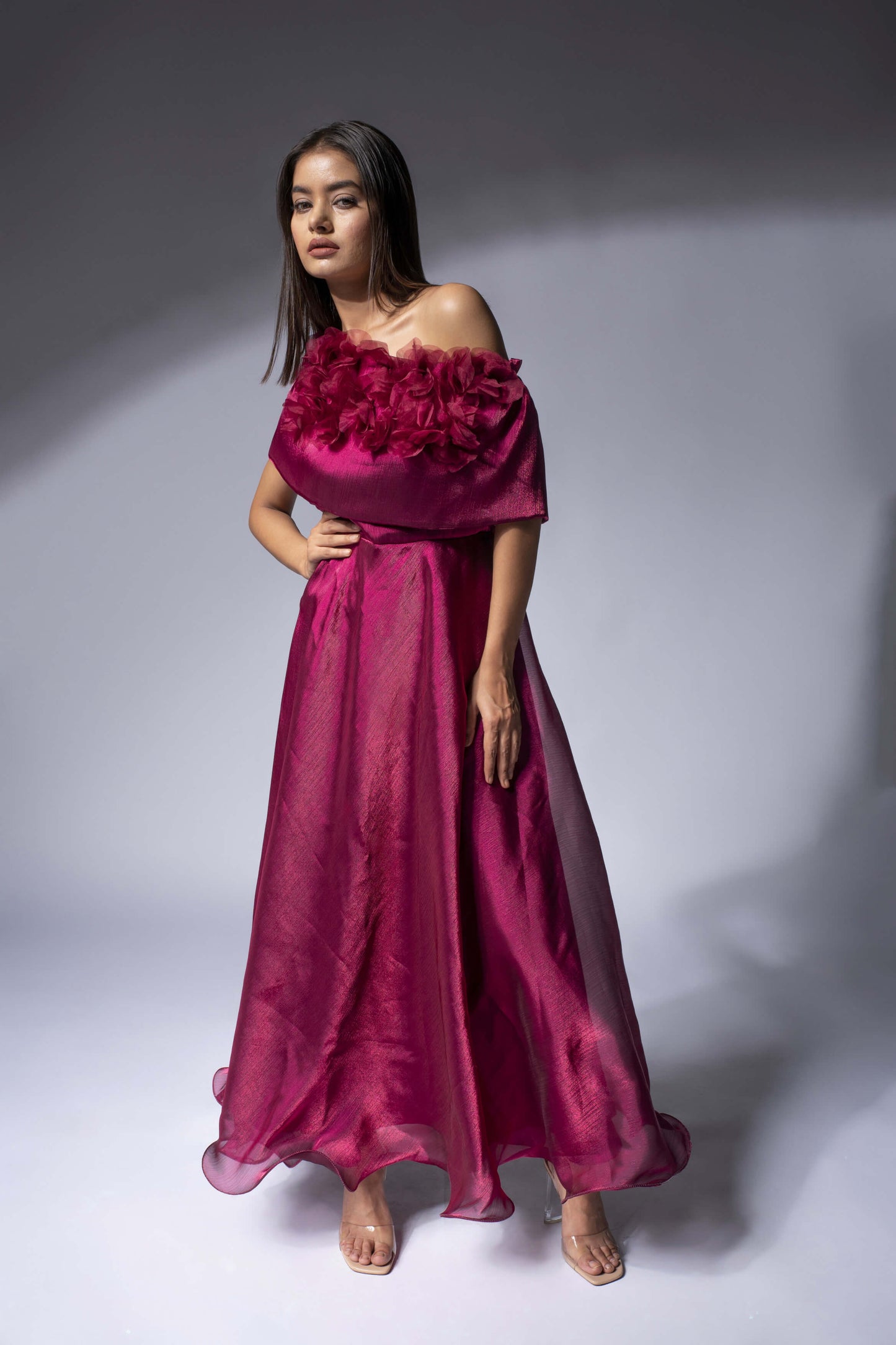 WEAVING CULT MAROON SHIMMER ORGANZA MAXI DRESS WITH 3D FLOWER DETAILING