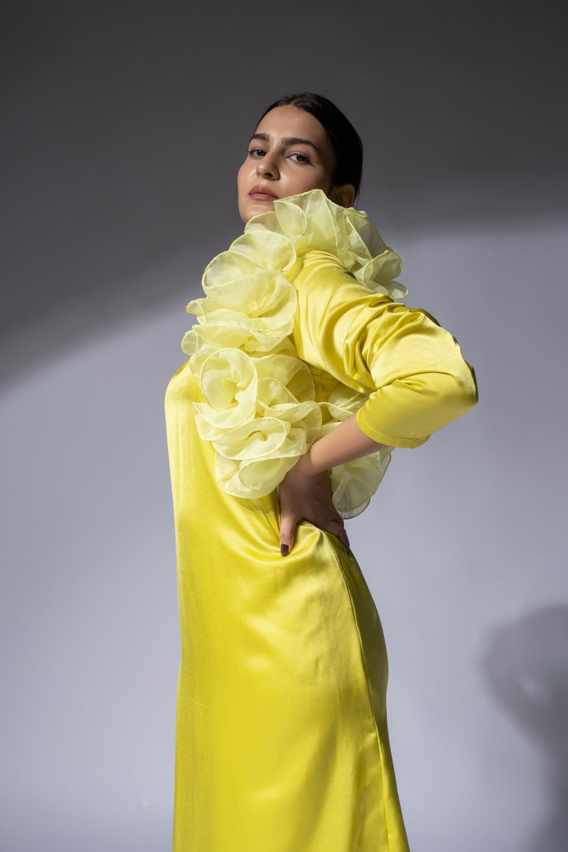 WEAVING CULT YELLOW BLAIR RUFFLE DETAILING MIDI DRESS