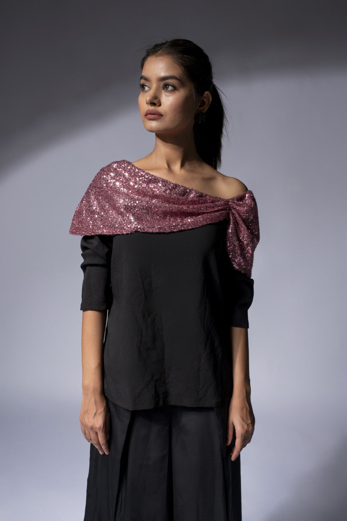 WEAVING CULT BLACK DRAPED SEQUINS OFF-SHOULDER TOP